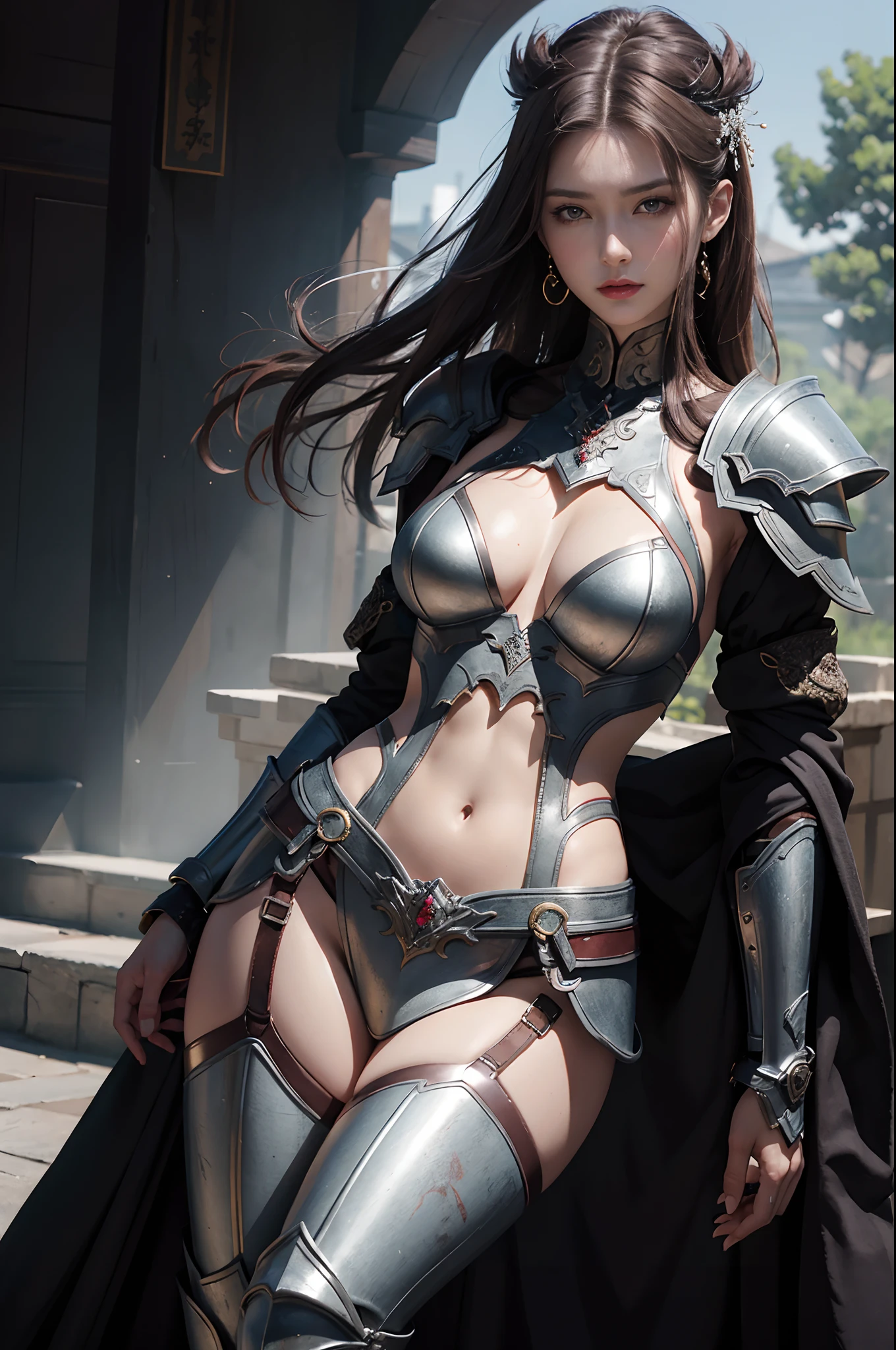 tmasterpiece，A high resolution,Absolutely beautiful，a mature female，Fine and detailed eyes and detailed face，Tall and tall，She wears armor，Full coverage armor，Armor pants，Armor boots，Show the appearance of armor、Shogun， allure：（perfect bodies），haughty，Mature temperament，Ruby eyes，Apply blood-red lipstick to your lips，，Majesty，Rich scene detail，In war，are standing，Exposed flesh，Tightens abs