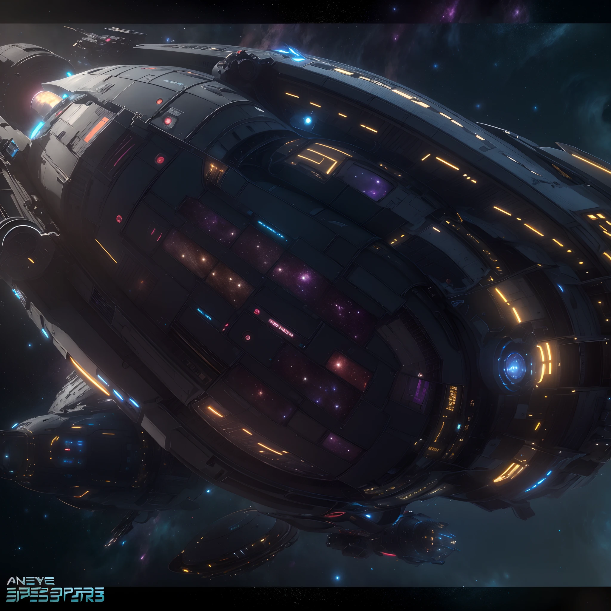 A huge spaceship,full bodyesbian，Solo，Spaceships in the Avengers，seen from outside，(multiple lighting sources:1.5),Detailed hull details,Cosmic galaxy background,Escaped spaceship,((Best quality)), ((Masterpiece)), (Epic composition:1.2), (unreal 5 render:1.1)
