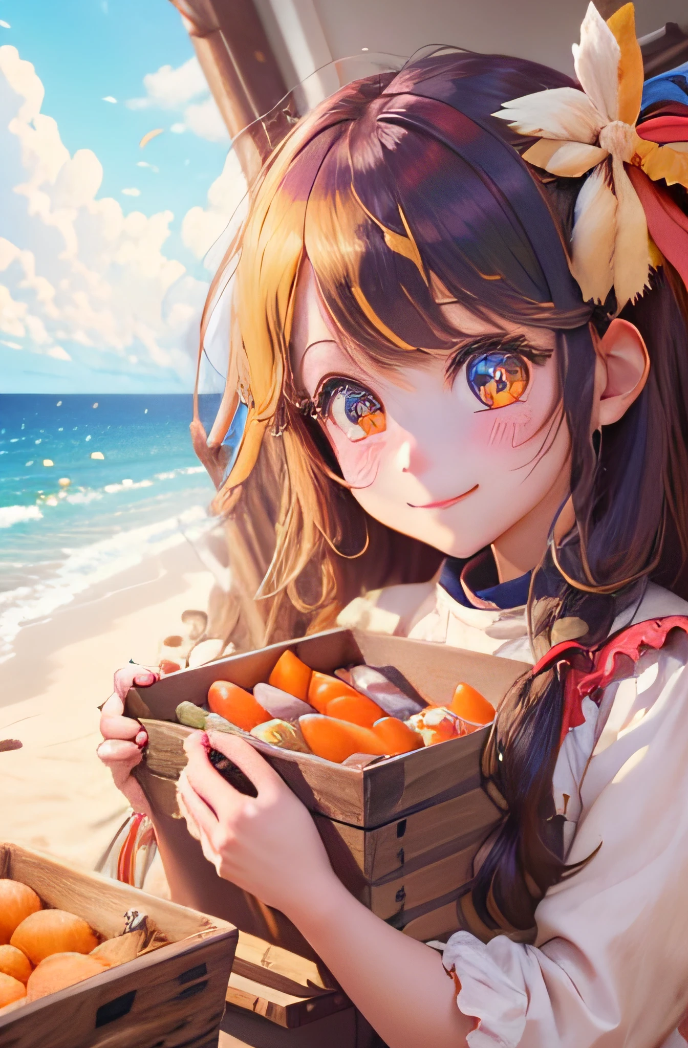 Female one、Golden hair、Pawny Tail、Red ribbon on head、Twinkling Eyes、Glassy Eyes、Grin Mouth、Yellow Bikini、Potatoes with carrots and onions in both hands、Nearby curry rice、treasure chests、Vegetables flying out of treasure chests、The background is the seaside、Beach、A big catch of fish in the sea、high-level image quality
