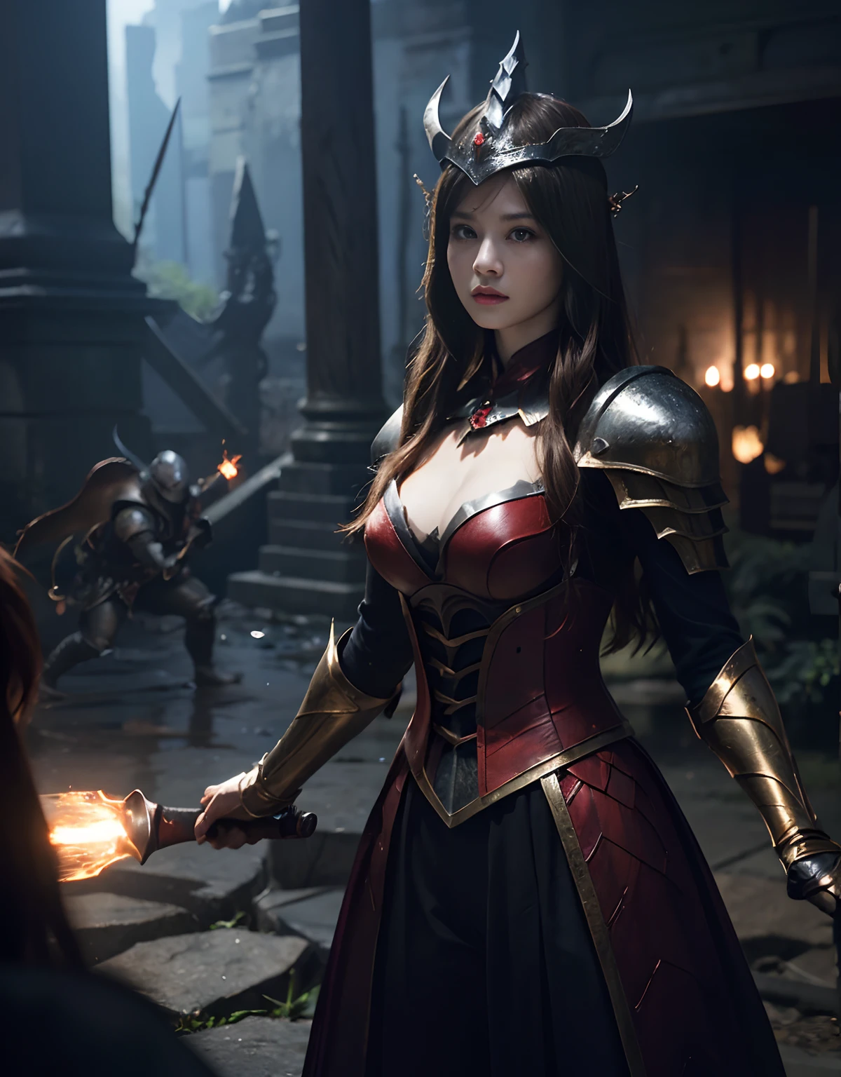 (One Knight Girl)、top-quality、masterpiece、超A high resolution、(Photorealsitic:1.4)、Raw photo、女の子1人、(Wear the Dark Knight's Armor)、glowy skin、(((Dark Fantasy)))、Fight with beautiful swords and shields、(((Mystical expression))),(Gorgeous gold metal body)、(Fight goblins、ogre、Fierce battle with orcs),(Fighting strong enemies)、Fight fiercely、(Background of decaying dungeon ruins)、(Ultimate Beauty)、(Detailed knight's helmet)、(Fighting Demonic Beasts)、(Wizard Hat)、((super realistic details))、portlate、(Strong giant demon beast background),globalillumination、Shadow、octan render、8K、ultrasharp、Colossal tits、Raw skin is exposed in cleavage、metals、Details of complex ornaments、Japan details、highly intricate detail、Realistic light、(Mystical expression),CGSoation Trends、Red Eyes、radiant eyes、Facing the camera)、Gundam、Small LED、Toostock、(Background of the mutation)、(Attack of the Monster Beasts)、Ultimate Beauty、beautiful female knight、Wear colorful armor、Detailed sword、(Wearing legendary armor)、