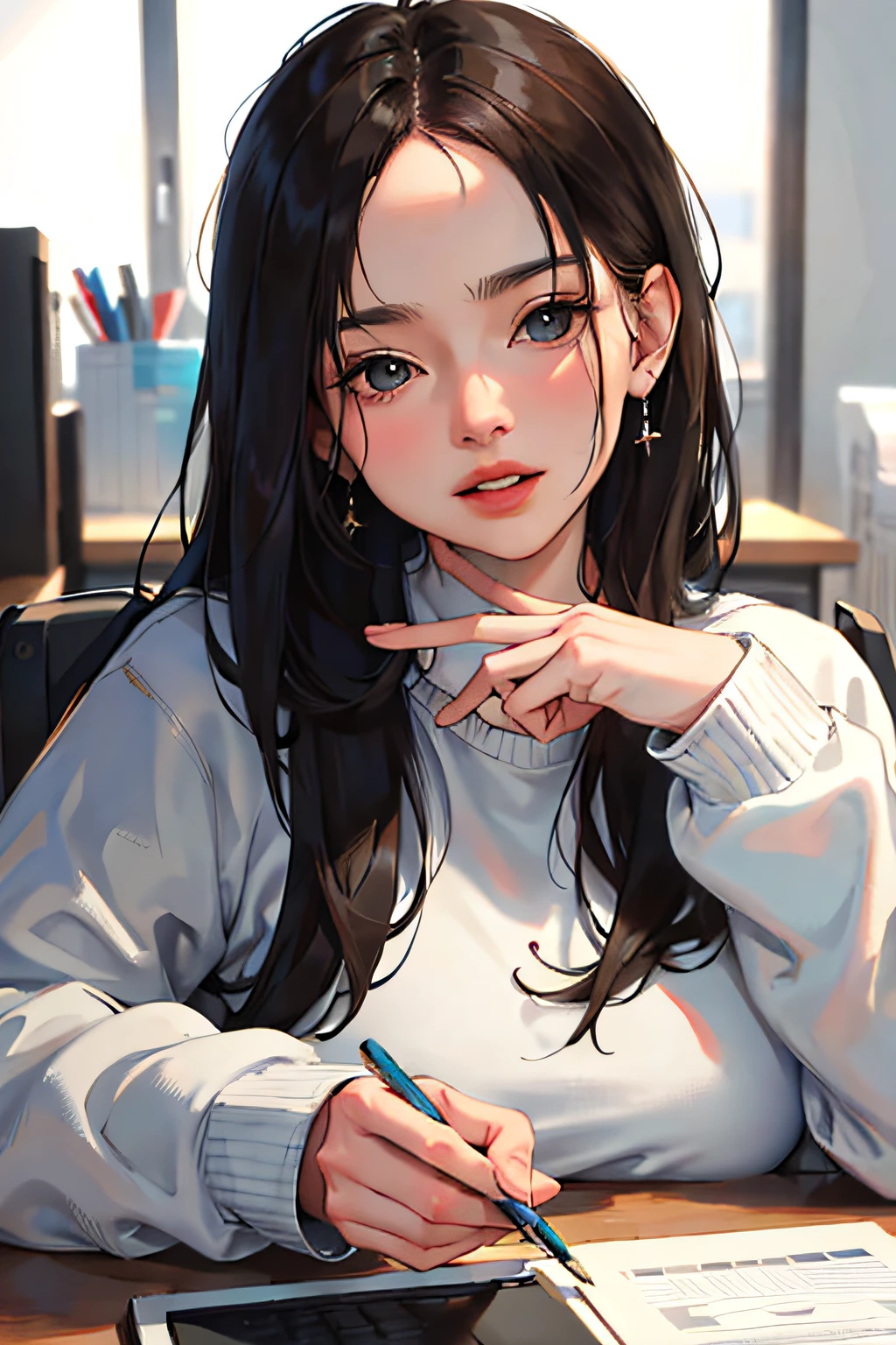 (masterpiece:1.2, Top Quality), (Real Pictures, intricated details), Solo, 1Middle-aged woman, close-up face, designer, sweatshirt, (Front Focus:1.2), Looking at me, (bangss:1.5), Long hair, office