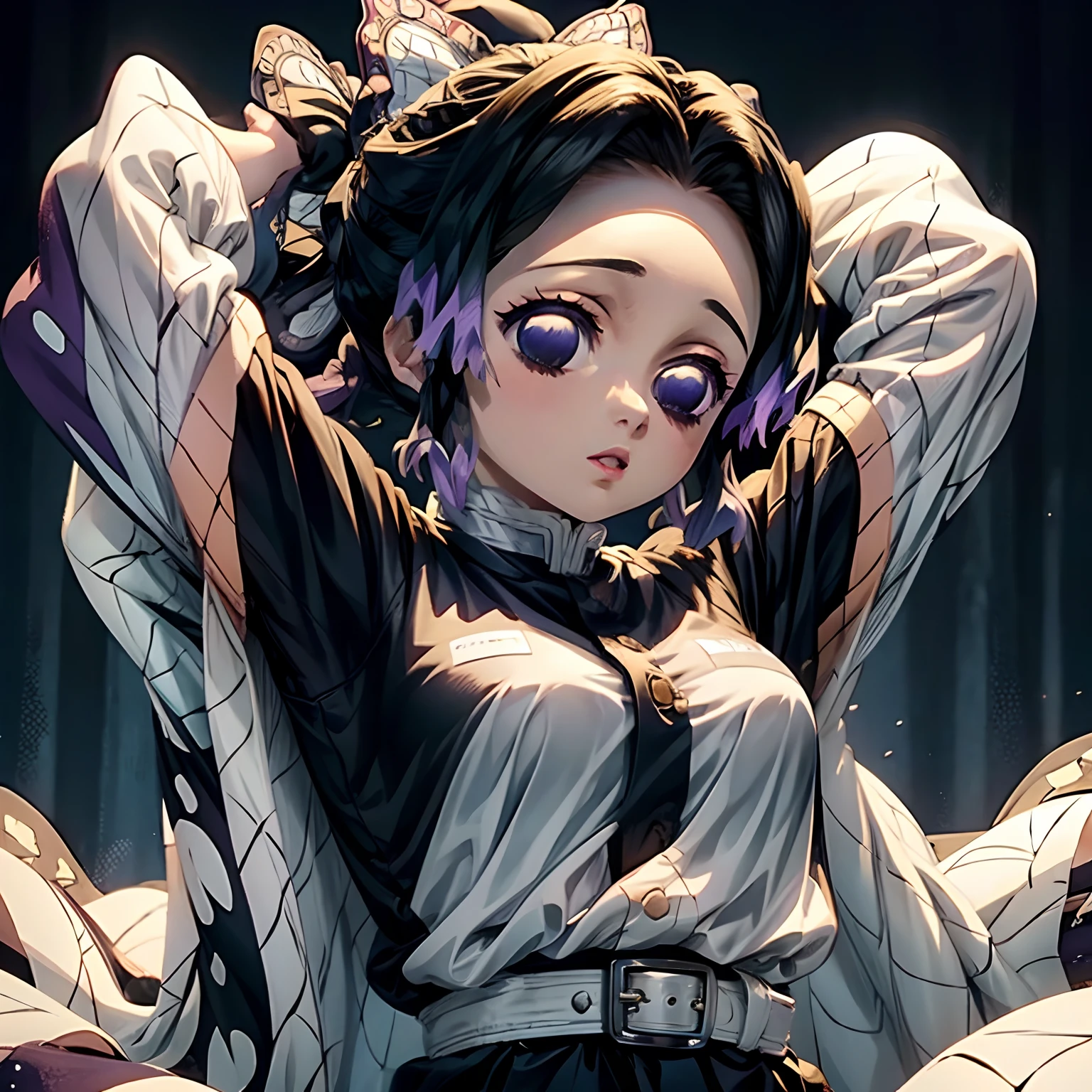 Shinobu kocho from demon slayer anime, 8k, ultra high quality, ultra high definition, ultra detailing, ultra quality , masterpiece, black top, no cape, without cape, black sleevless top, tying her hair, tying her hair behind, looking at camera, gorgeous pose, cute, very cute, high quality, 8k, pose while tying hair behind