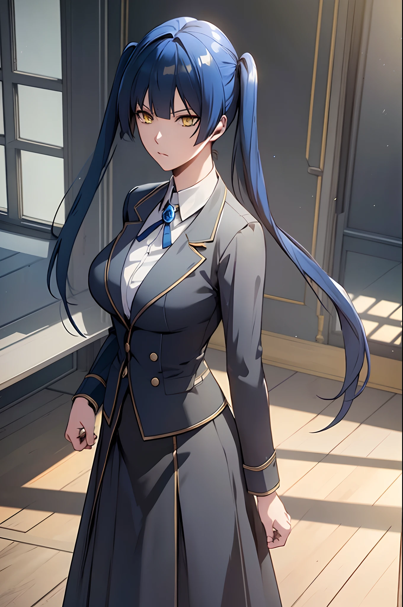 blue hair, yellow eyes, twintails, school uniform, shirt, very long skirt, suit,((ultra detailed,hyperrealistic,unreal engine 5,Natural lighting,))