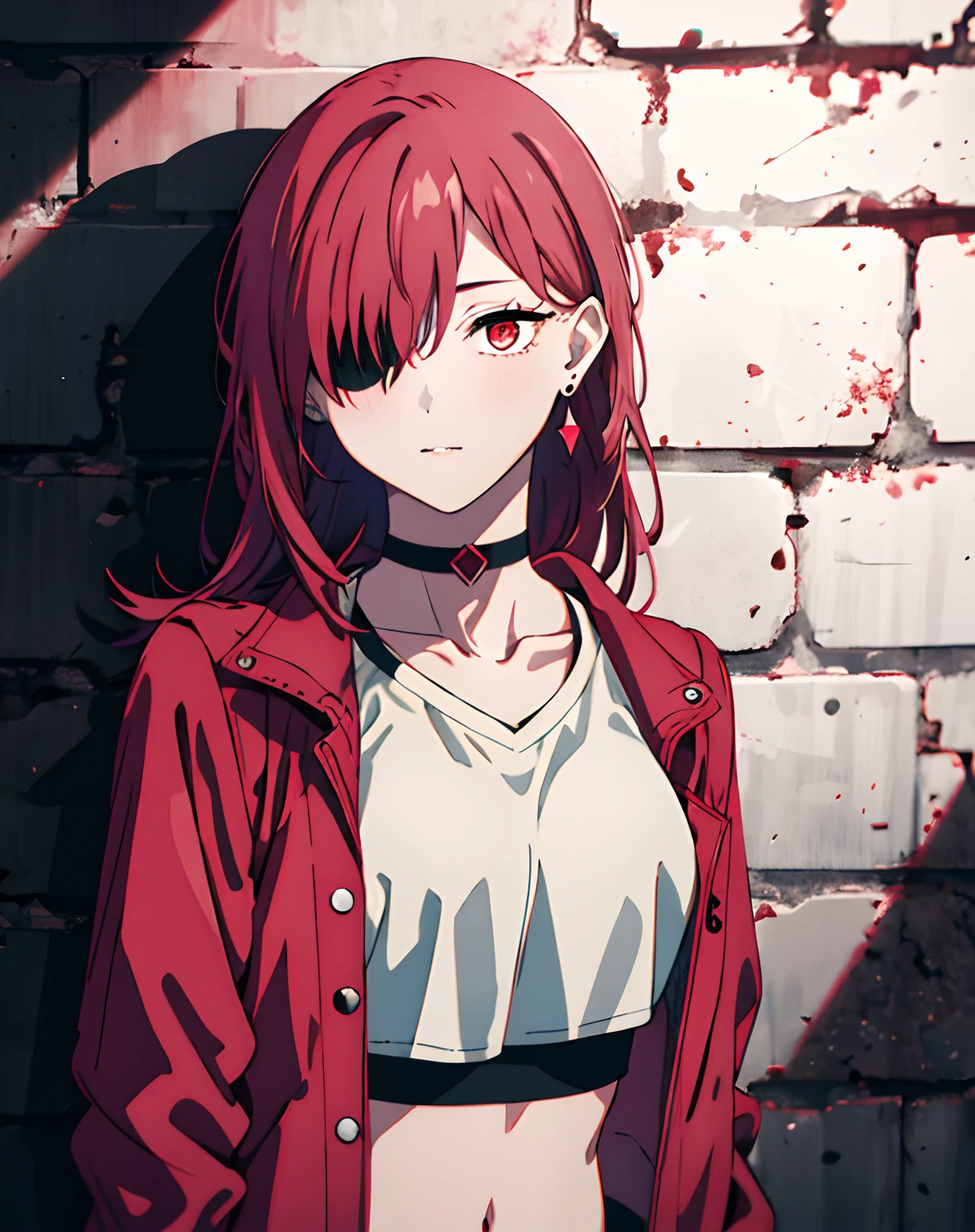 (masterpiece, best quality, 1girl, solo, intricate details, chromatic aberration), realistic, ((medium breath)),long hair, red hair, pink highlights, hair over one eye, red eyes, earrings, sharp eyes, choker, neon shirt, open jacket, crop top, (symmetry eyes),(perfect symmetrical body),against wall, brick wall, graffiti, dim lighting, alley ,look at viewer