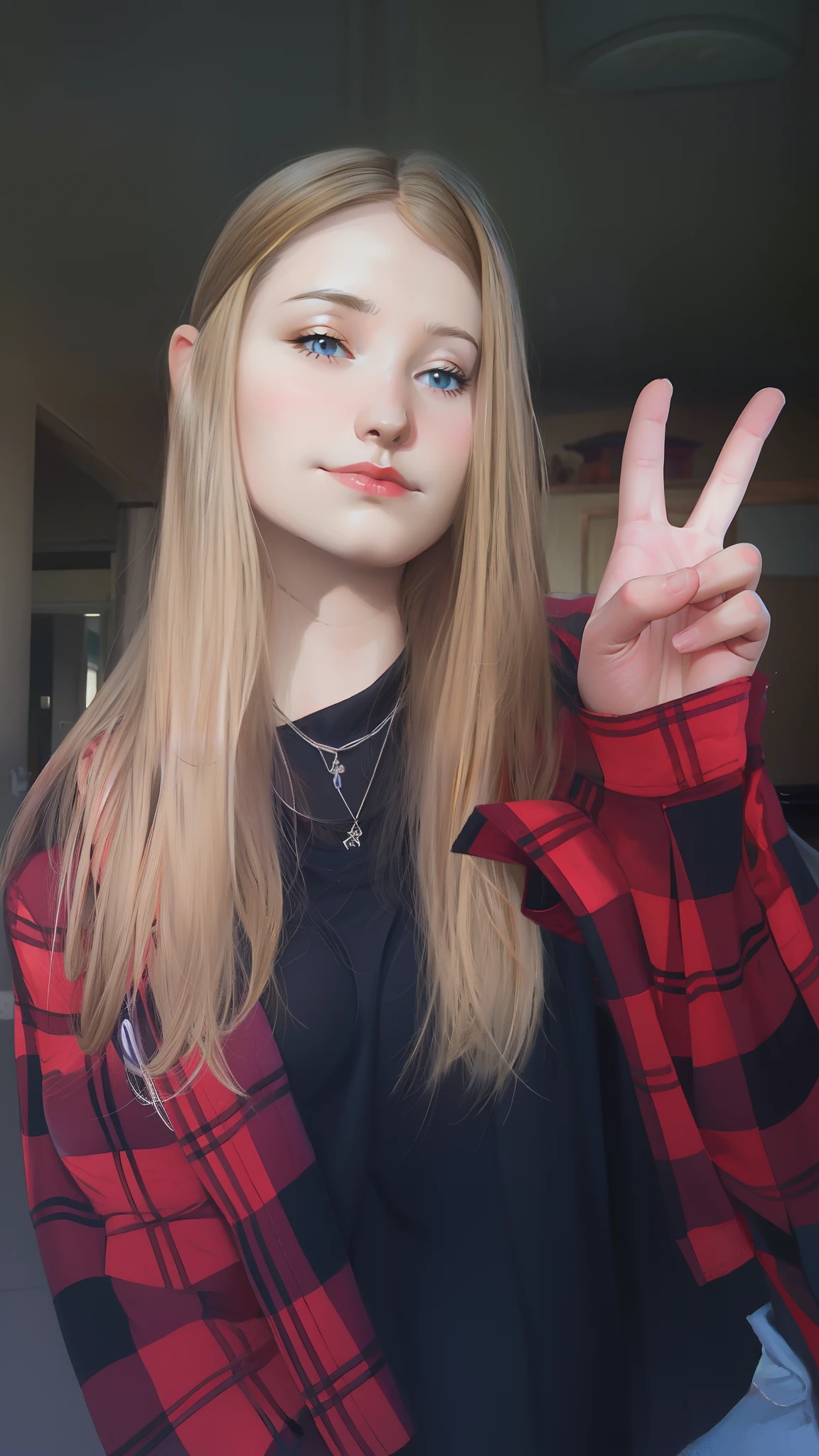 realisti, 1girl, yellow hair strokes, blusher, In the room, The breasts are large