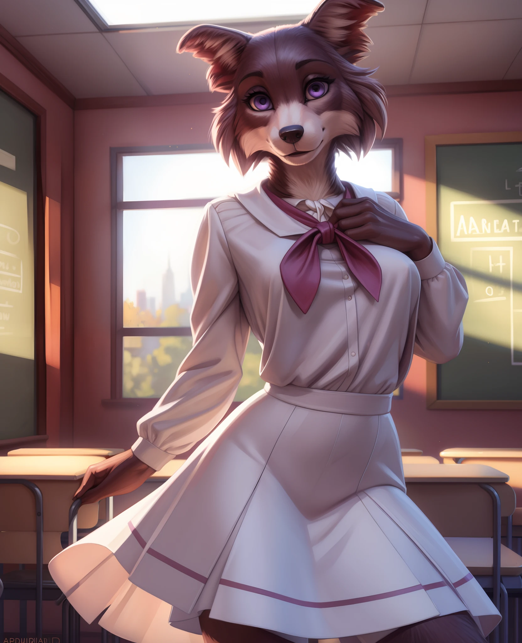 (by pixelsketcher:0.6), (by personalami :0.6), solo, female, Juno, canine, detailed background, (cinematic lighting:1.1), (perfect focus:1.1), 8k hd, photo,,, furry anthro juno, medium breasts, junouniform, white clothing, long skirt, long sleeves, neckerchief, solo, full body, tail, countershading, (best quality, masterpiece:1), standing, sexy pose, purple eyes, looking at viewer, (school classroom background:1.1), octane render