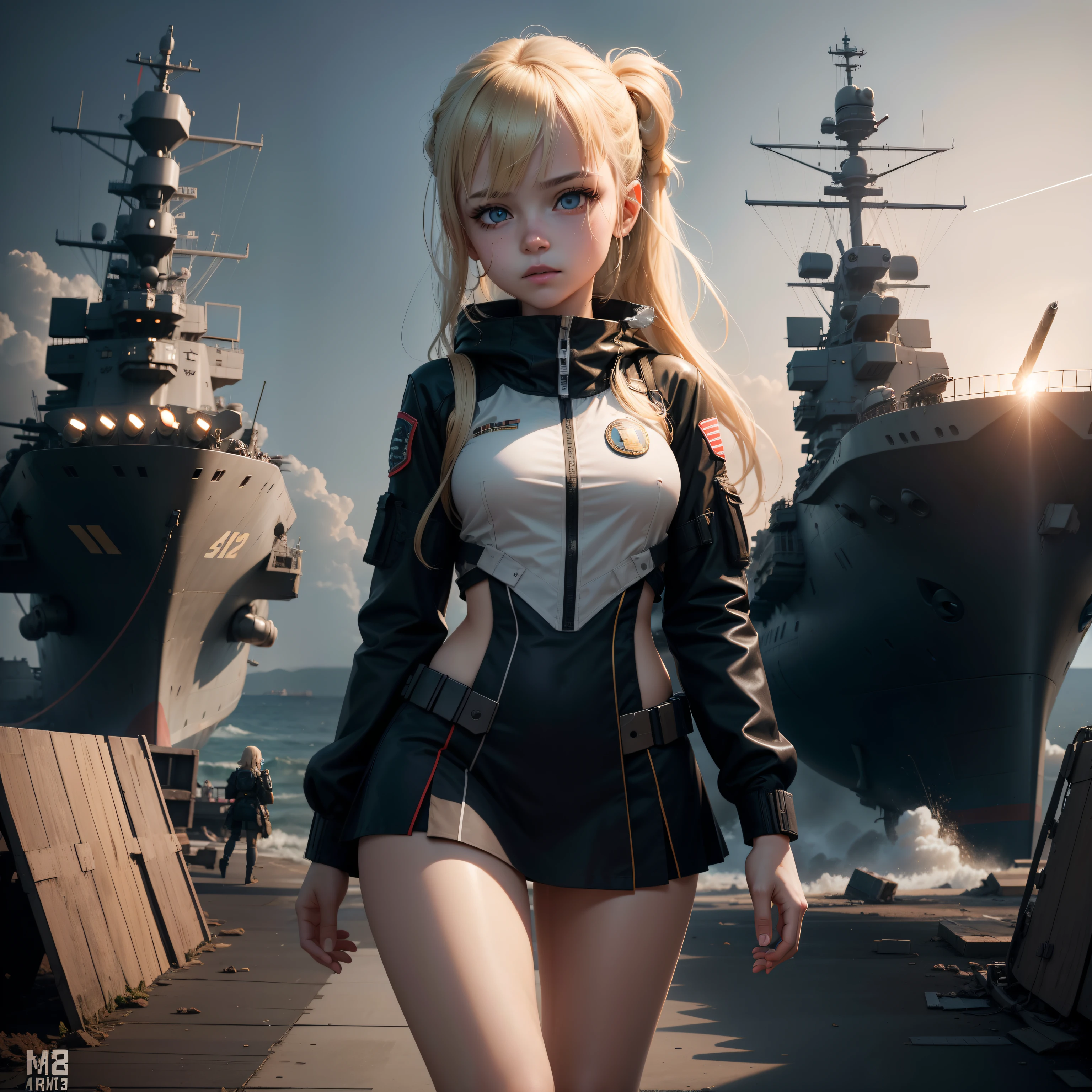 Destroyed aircraft carrier,ukrainian girl , Ukrainian anime girls , , Ukraine , Full body composition of young girl with messy bright blonde hair, eye make up, , Soft lighting, Solo,, badges, Pose, Blotch color, Octane Render, Hyperrealistic intricate detail, Cinematic, 8K resolution, 70mm, Accent Lighting, Global Illumination, Full body portrait, clean detailed faces, poneyTail,Cute face,, Slim legs,combat suit,long court,Battleship deck,
