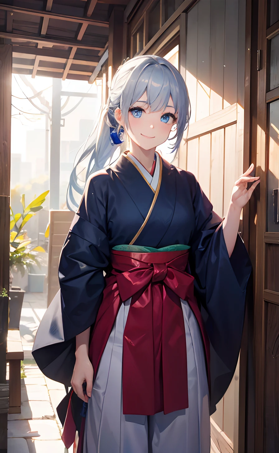 masterpiece,Top image quality,hight resolution,imagem 4k,Raw photo,Photorealsitic,{Solo},s girl,a smile,Silver Ponytail,frontage,stare at each other,Wet,Blue eyes,,Hakama,swordsmen
