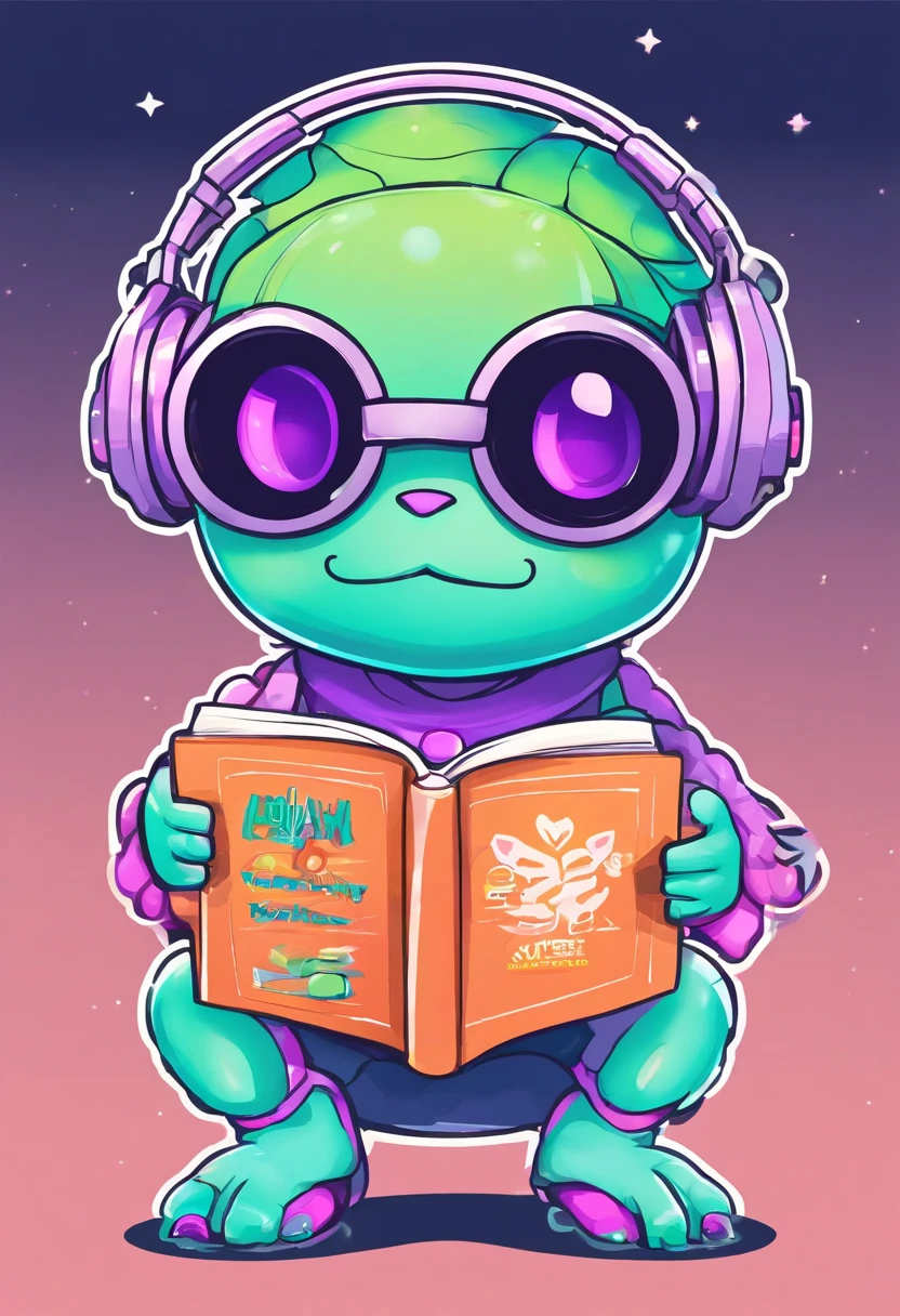 Iconic vector logo of a cute alien wearing headphones and holding an English book, style of sticker, made only from lines, pastel green, orange and lilac colors, black background