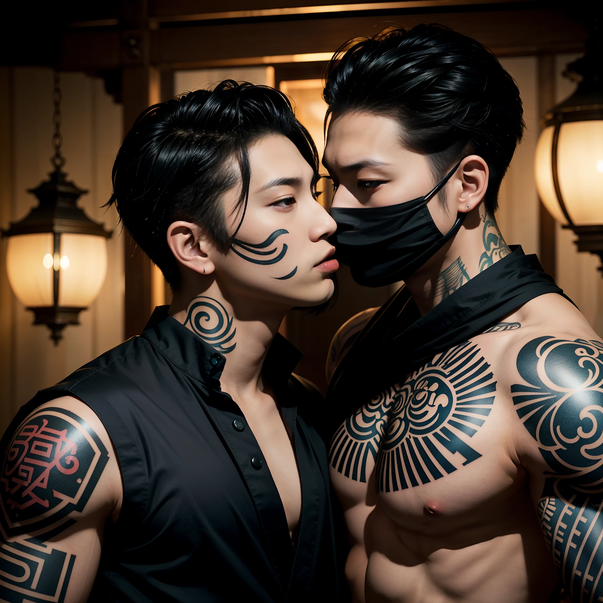 Two Asian men with tattoos on their arms and chest, alessio albi and shin jeongho, jin shan and ross tran, roberto ferri and ruan jia, ruan jia and brom, two muscular men entwined, muscular men intertwined, Gay, handsome japanese demon boy, ross tran and bayard wu