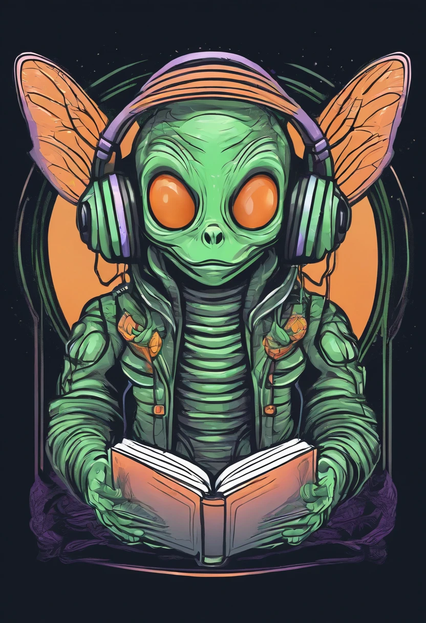 Iconic vector logo of a cute alien wearing headphones and holding an English book, style of sticker, made only from lines, pastel green, orange and lilac colors, black background
