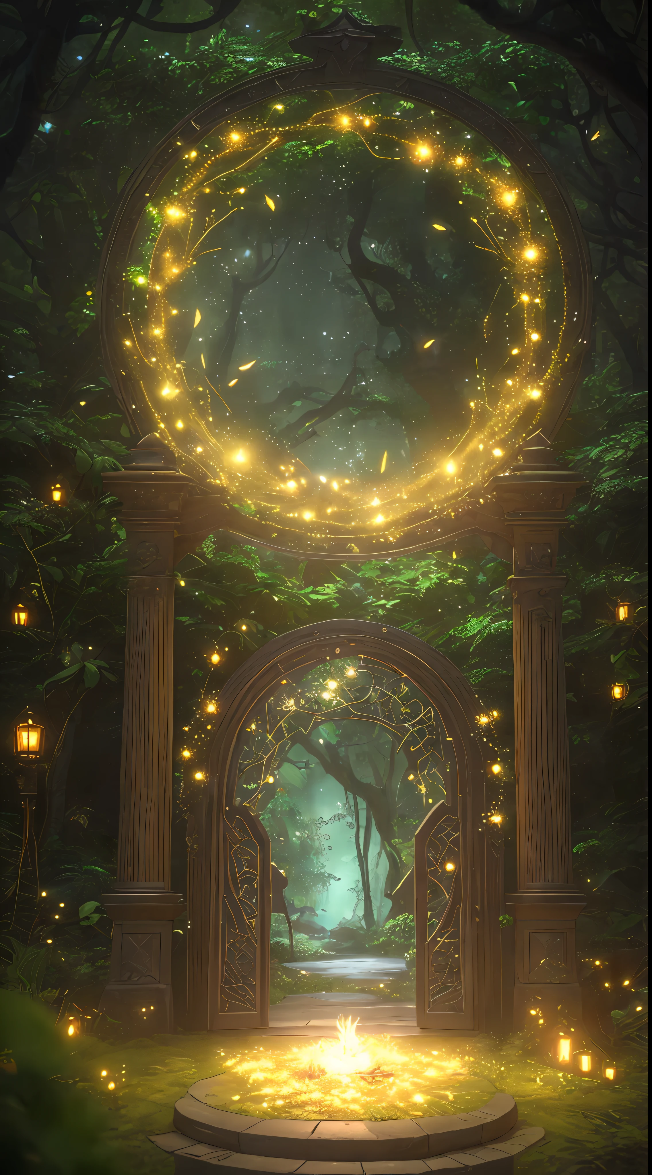 (Digital Artwork:1.3) of (Sketched:1.1) octane render of a mysterious dense forest with a large (magical:1.2) gate (portal:1.3) to the eternal kingdom, The gate frame is designed in a round shape, surrounded by delicate leaves and branches, with fireflies and glowing particle effects, (UI interface frame design), (natural elements), (jungle theme), (square), (leaves) , (twigs), (fireflies), butterflies, (delicate leaves), (glow), (particle effects, light engrave in intricate details, (light particle:1.2), (game concept:1.3), (depth of field:1.3), global illumination,Highly Detailed,Trending on ArtStation.