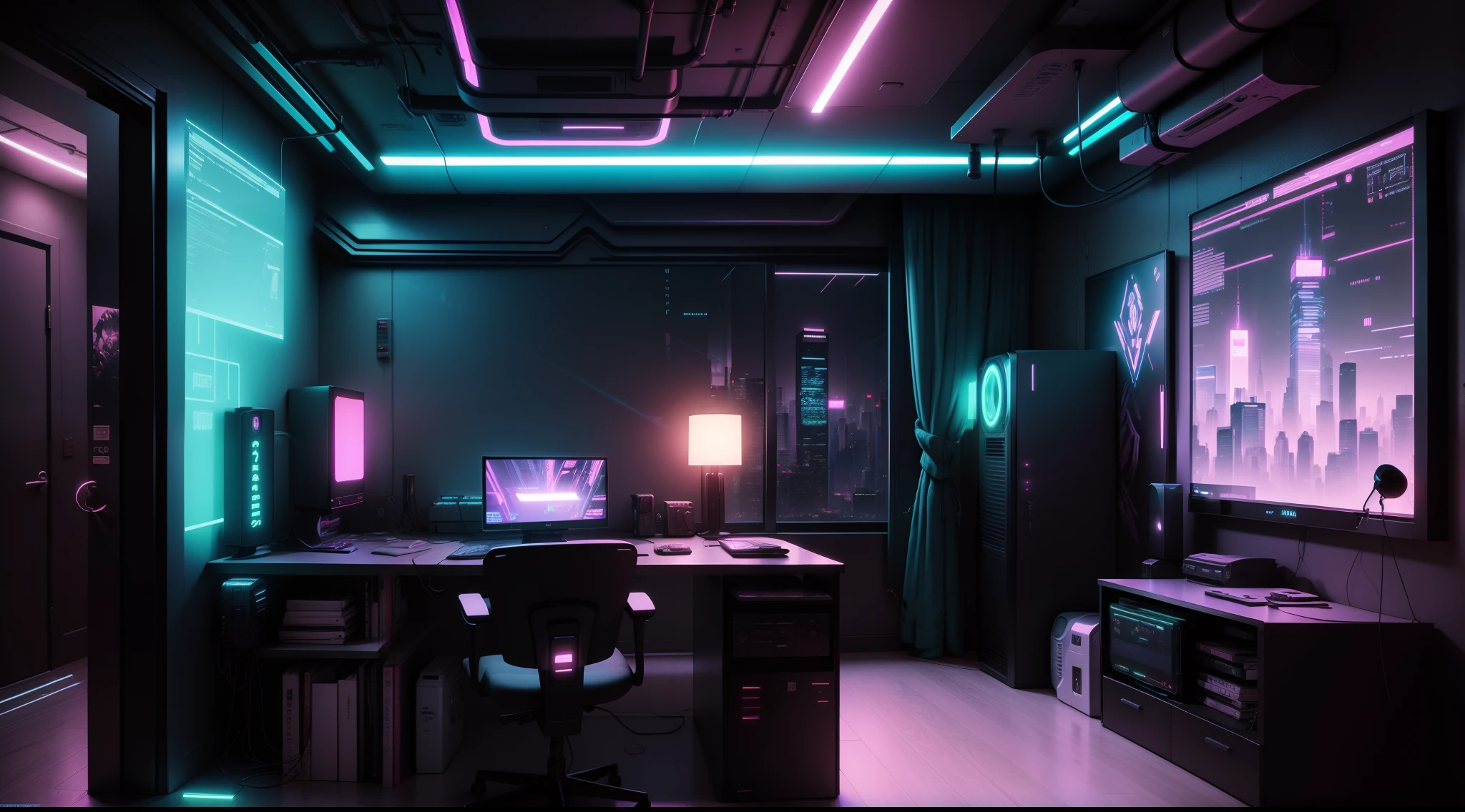 There is a computer desk with a monitor, Speakers & monitor, cyberpunk setting, cyberpunk atmosphere, Cyberpunk lighting, Cyberpunk interior, Cyberpunk bedroom at night, 3 d render beeple, In the room, Made in the style of cyberpunk, cyberpunk atmosphere, Bedroom for teenagers in cyberpunk style, cyberpunk with neon lighting, Cyberpunk Apartment, hyper realistic cyberpunk style, Muted cyberpunk style, Cyberpunk apartment, Housing