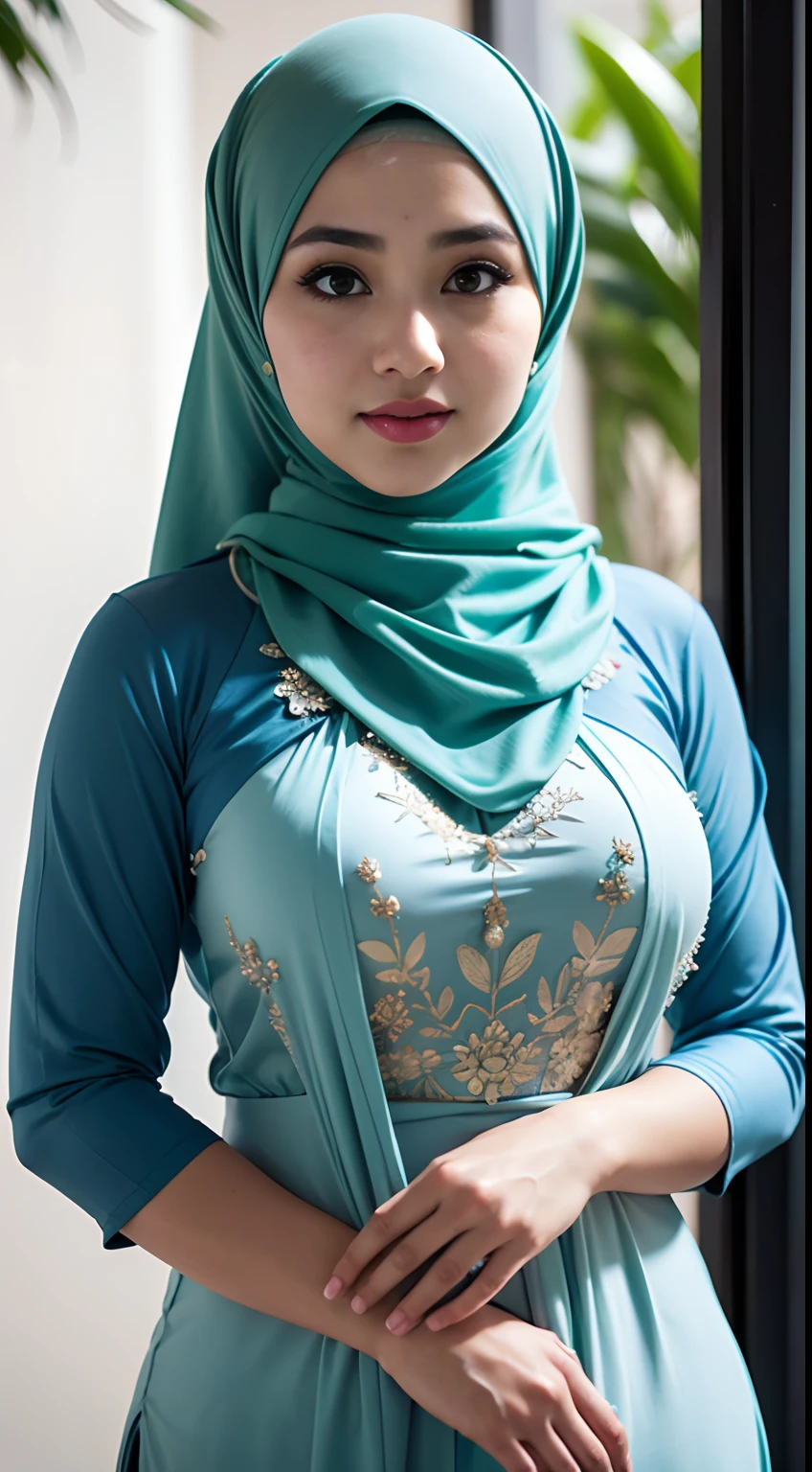 beautiful girl, wearing traditional baju kurung, ultra-detailed, detailed faces, detailed skins, 8k masterpieces, cinematic lighting, ((1girl)), ((solo)), firm push-up breasts, modest breasts, slim and slender body, long hijab, eid mubarak, in malay village house, half body, at the door