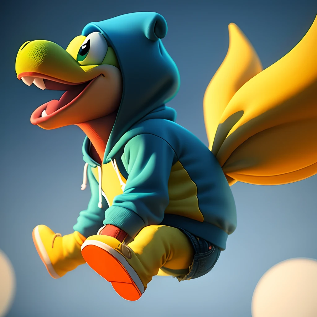 A yellow Yoshi with a blue hoodie and a style of 3D cel-shading