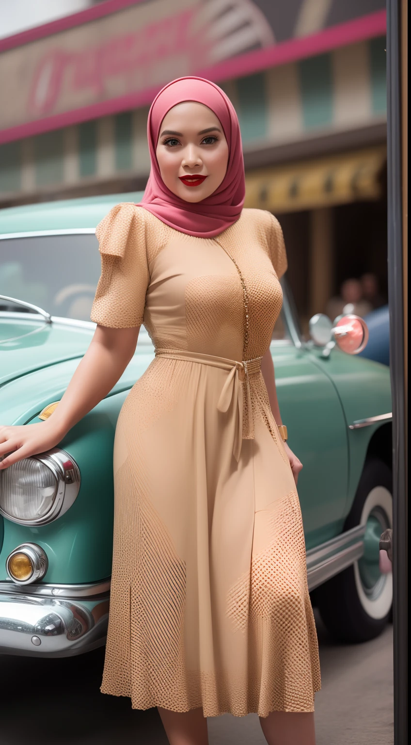 Design a glamorous vintage pin-up portrait where the Malay woman wears a classic 1950s polka-dot dress with a cinched waist and poses beside a retro car, evoking the charm of a bygone era.