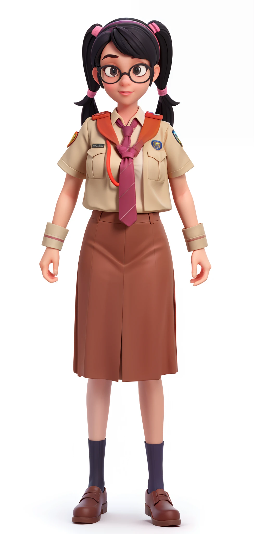 a cartoon girl in a scout uniform with glasses and a tie, girl wearing uniform, full - body portrait of a ranger, peggy hill, drawn image, full uniform, frontal pose, female lead character, full body illustration, seifuku, with shoulder pads, by Hugh Hughes, female full body, wearing headmistress uniform, girl standing, wearing a school uniform, female scout clothes, female scout, 3d render, 3d cartoon, ocatne render, twin tail, black hair,, glasses,