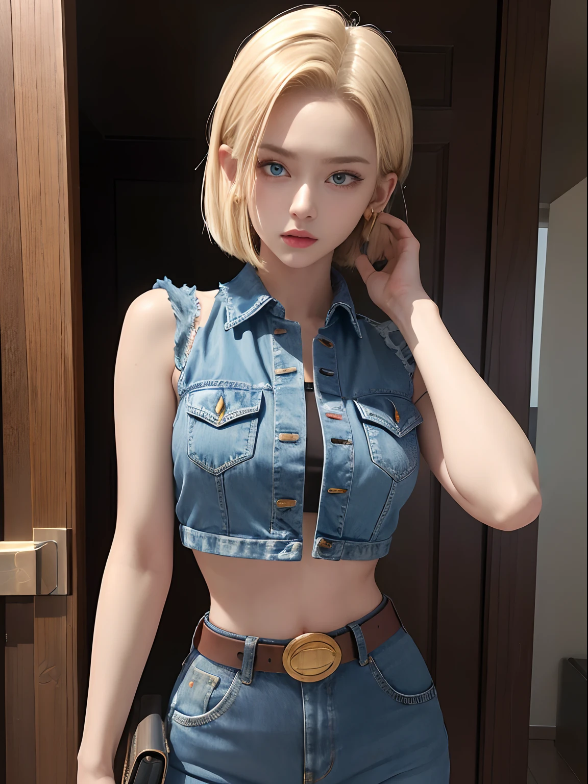 (Masterpiece, Best quality), 1girll, Beautiful face, Beautiful body,  Android18, Earrings, Denim, belt