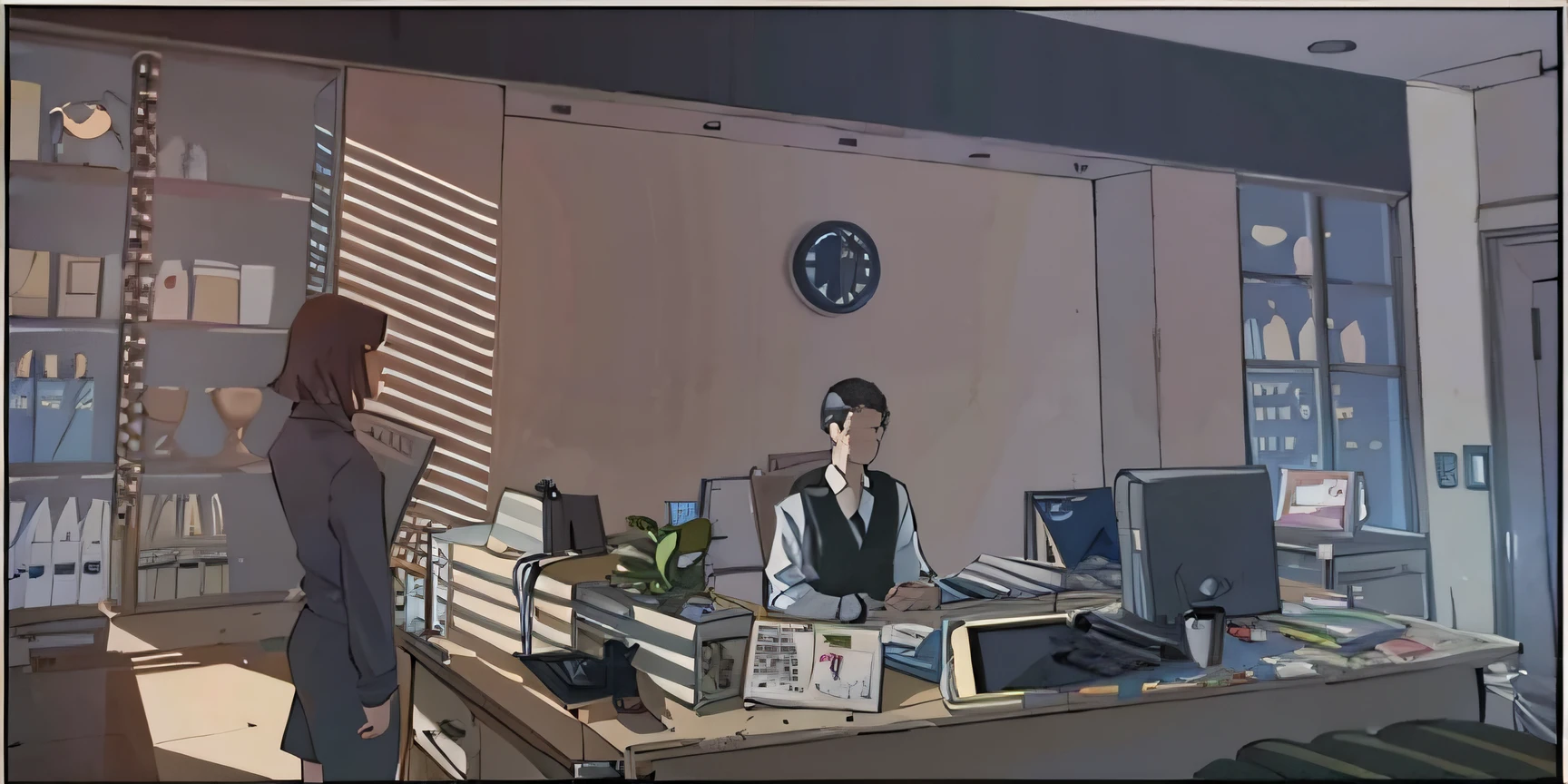 anime scene of a man and woman in a room with a clock, cutscene, office background, cel - shaded art style, video game cutscene, cutscene footage, sitting at his desk, random background scene, immensely detailed scene, sharp focus ilustration hq, in the office, opening scene, drawn in a neo - noir style
