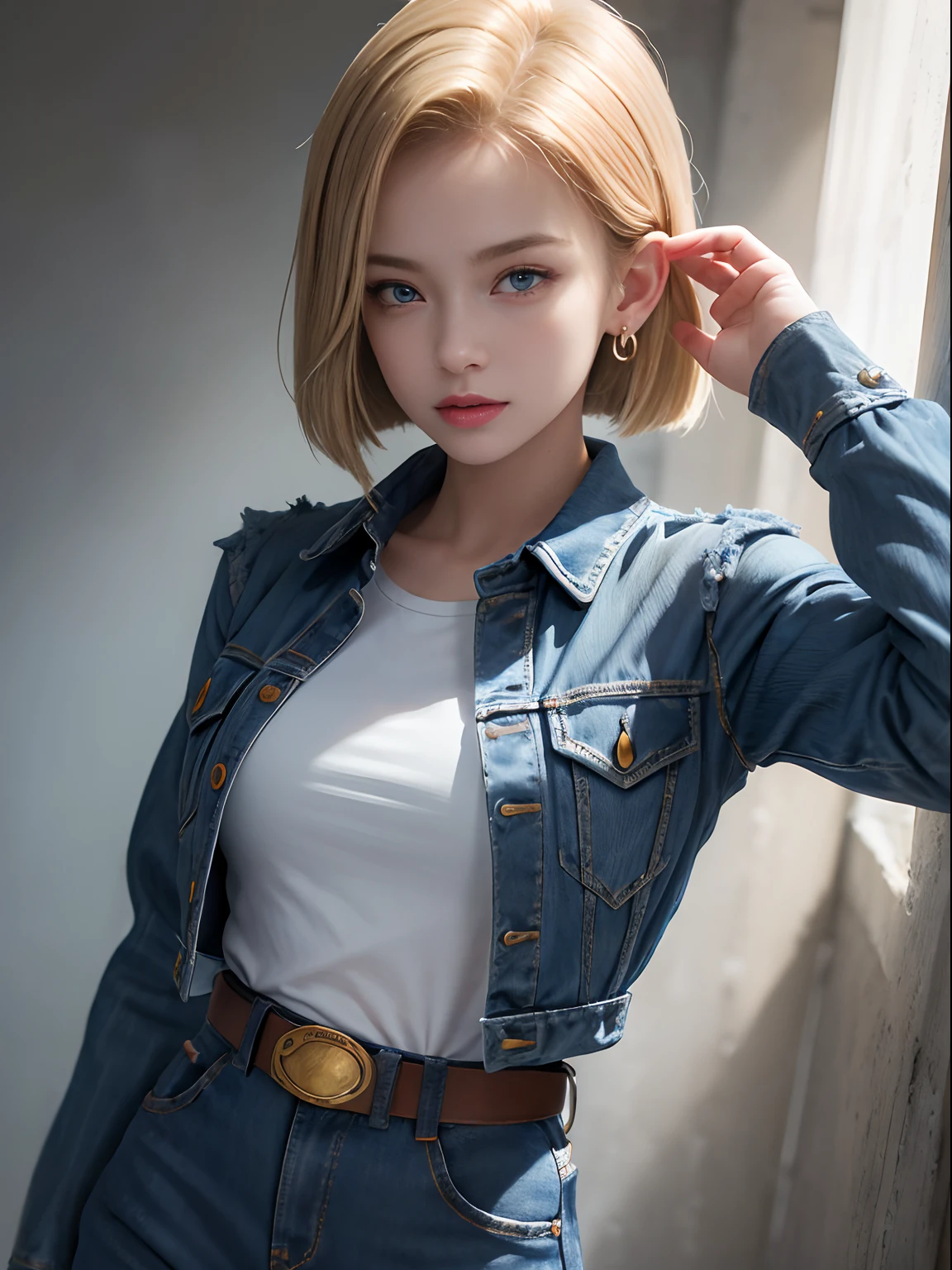 (Masterpiece, Best quality), 1girll, Beautiful face, Beautiful body,  Android18, Earrings, Denim, belt