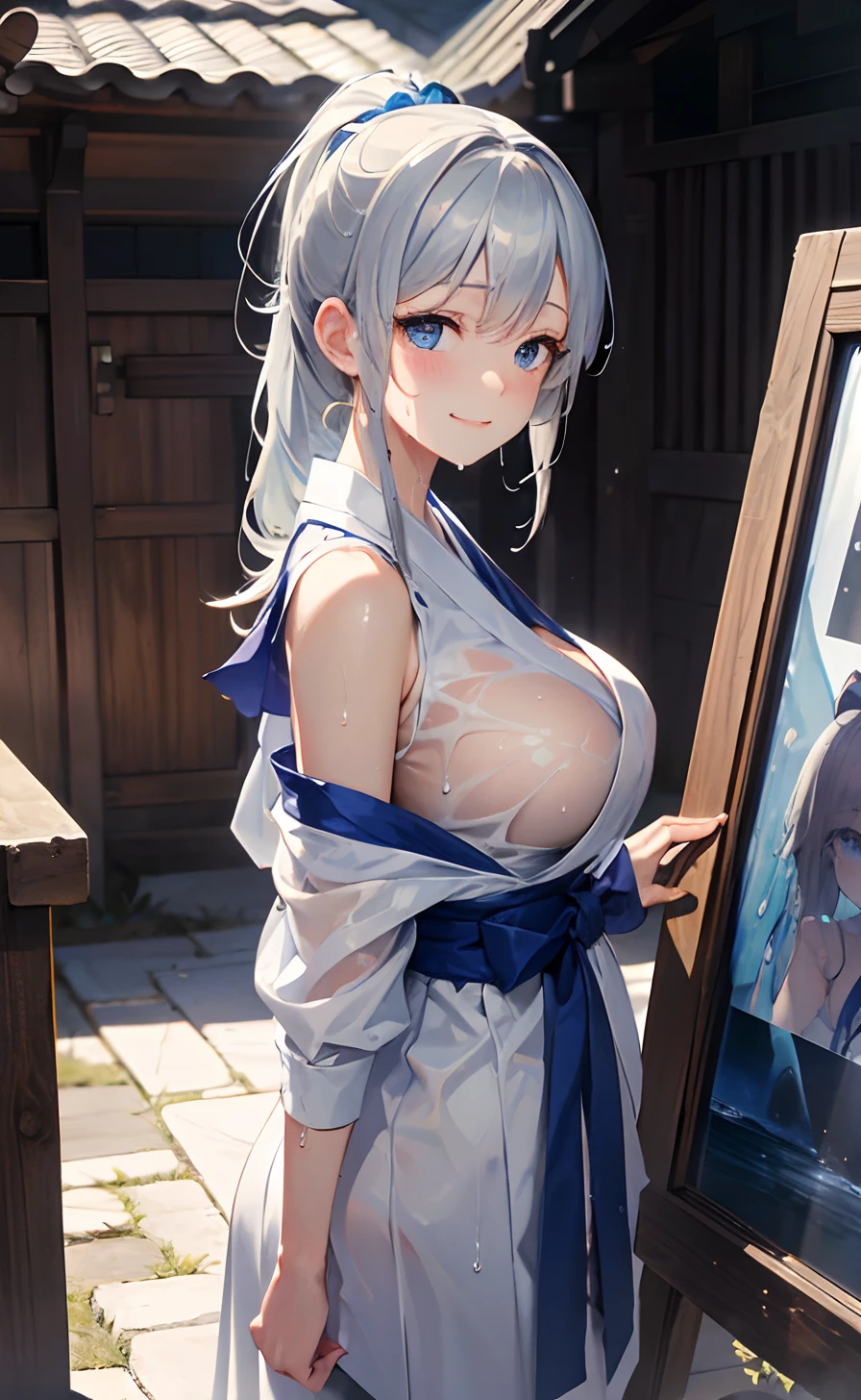 ​masterpiece,Top image quality,hight resolution,imagem 4k,Raw photo,Photorealsitic,{Solo},teens girl,Embarrassment,Silver Ponytail,frontage,stare at each other,Wet,Blue eyes,shrine maiden,Big breasts,innocent smiles