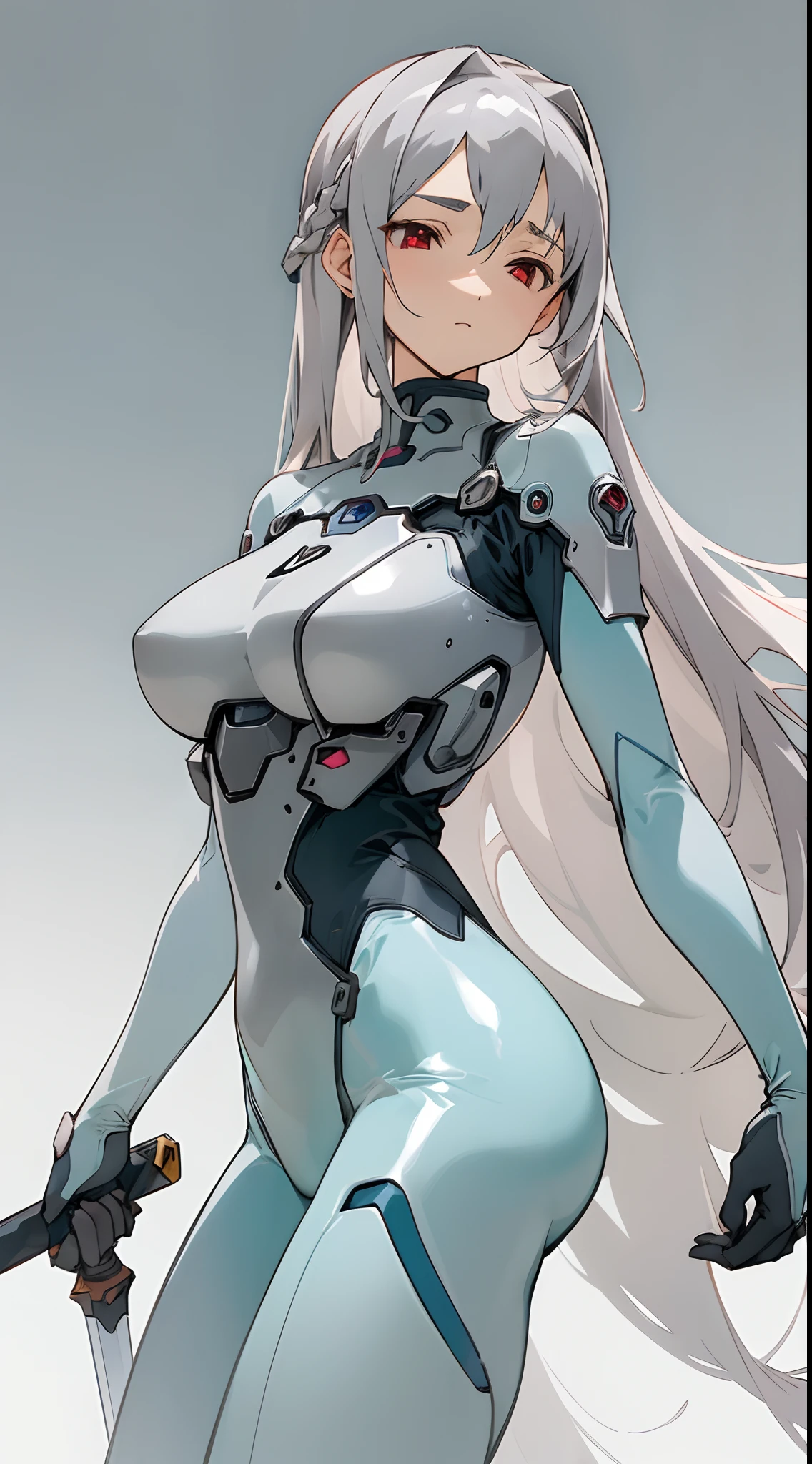 (masterpiece, best quality) detailed, 1Character , blue archive art style , pastel washed out colors , cell shade , soft, muted shades ,gentle colors ,
Wearing a mix of a futuristic body suit and sword art online outfit ,Beautiful woman , very long hair , gray hair , red eyes , large chest , thick eyelashes, mysterious, half closed eyes , athletic build , age 42