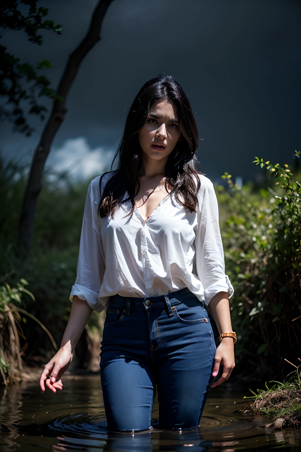 Woman dying in jeans and blouse,drowning in a swamp, illustartion, Best Quality, Ultra-detailed, Realistic:1.37, HDR, studio lightning, Vivid colors, Horror, dark tone, creepy ambiance, cloudy water, A distressed expression, Struggling to breathe, A desperate look, dramatic  lighting, Dirty surroundings, Tangled Branches, Obsessive image