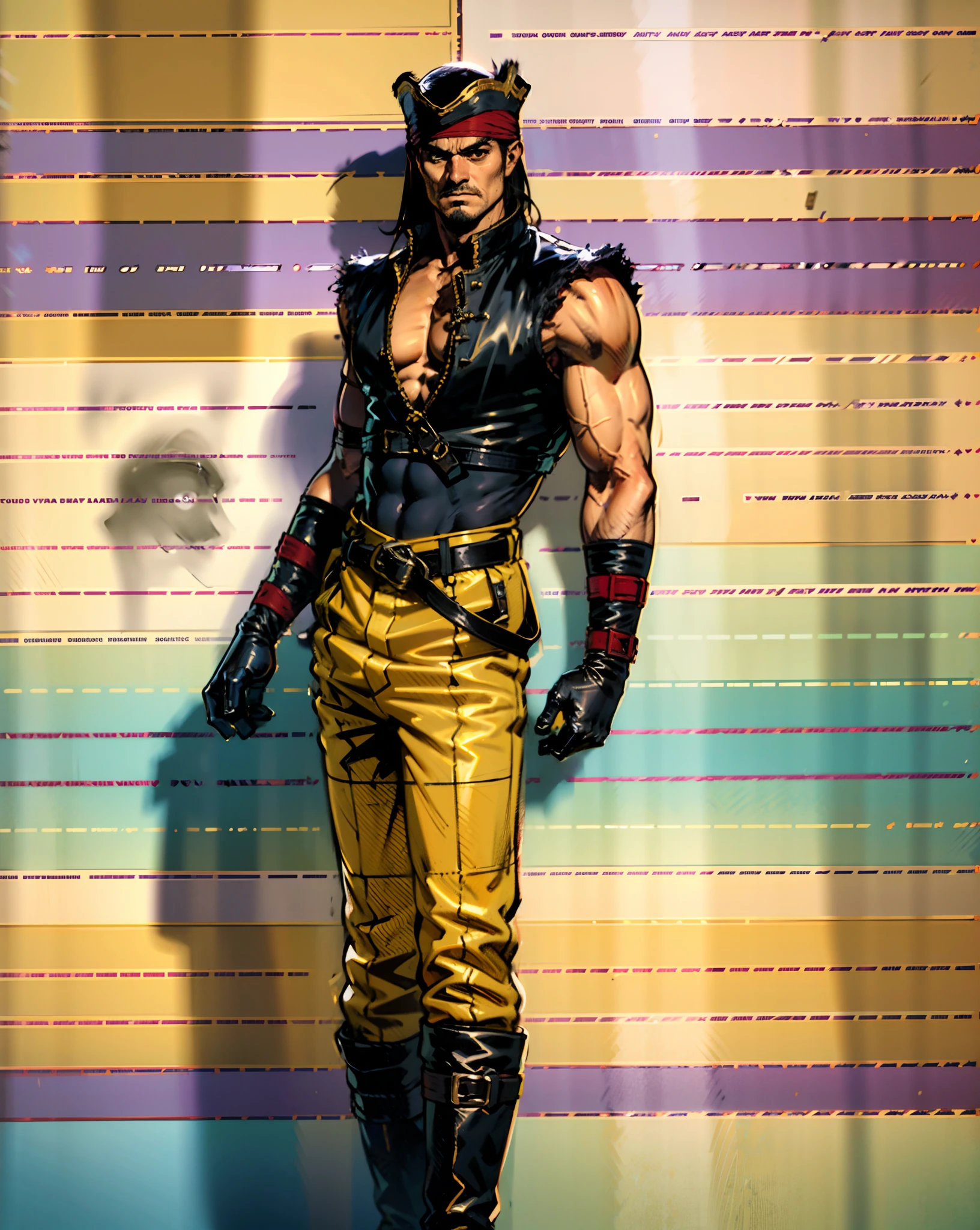 A middle-aged man with long black hair, medium length hair, wears a small round felt hat on his head, he has a cunning and sharp gaze, a beard, a tall and imposing figure, a fantasy-style pirate coat, sleeveless, exquisite stripes, a large skull pattern, has a golden sash around his waist, a leather belt with bone decorations, long gloves with metal ornaments, two-tone utility pants, knee-high leather boots, primarily in shades of black, accented by touches of red and yellow, he stands proudly at the bow of a massive pirate ship, this character embodies a finely crafted fantasy-style pirate in anime style, characterized by an exquisite and mature manga illustration art style, high definition, best quality, highres, ultra-detailed, ultra-fine painting, extremely delicate, professional, anatomically correct, symmetrical face, extremely detailed eyes and face, high quality eyes, creativity, RAW photo, UHD, 8k, Natural light, cinematic lighting, masterpiece:1.5