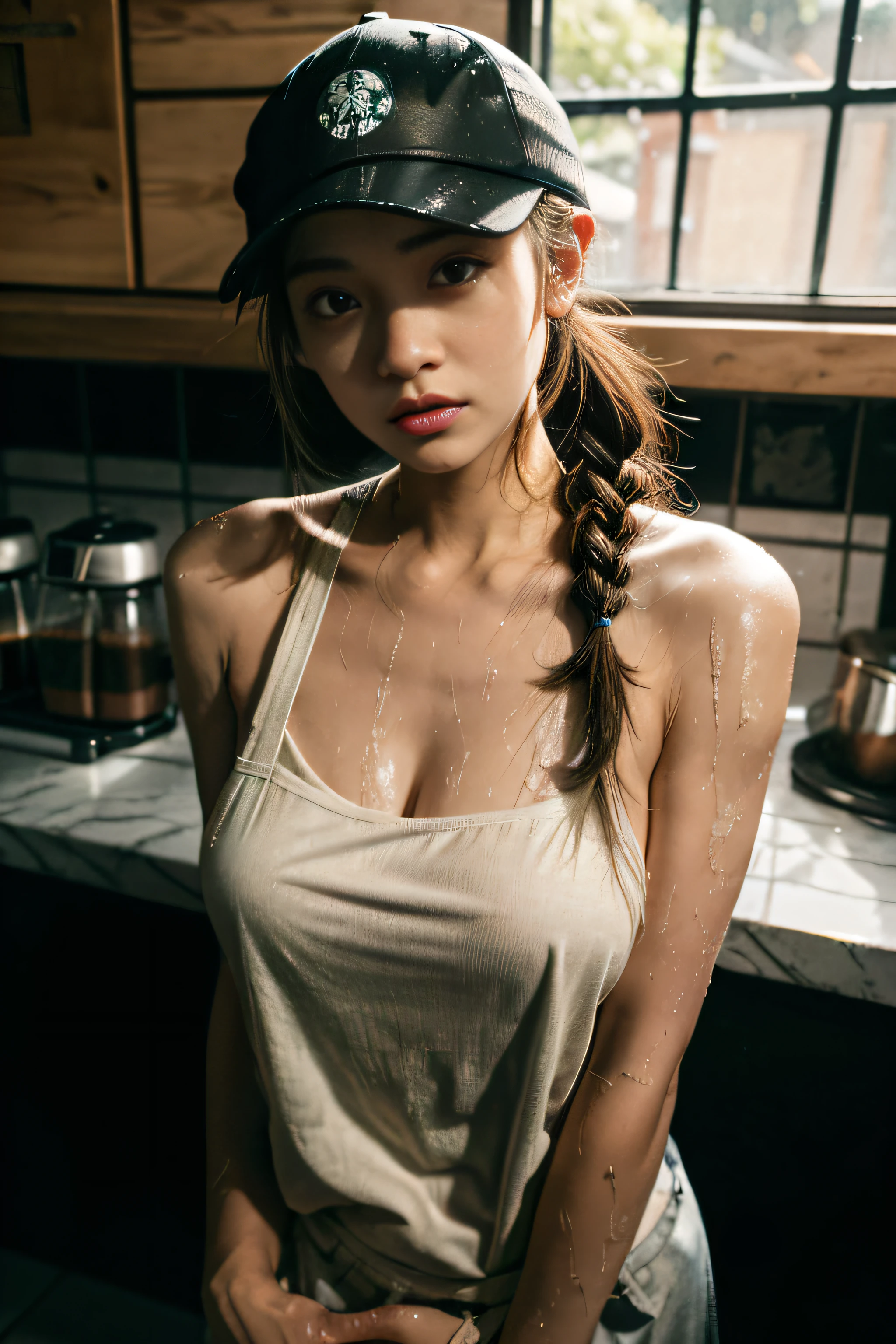 A girl in a Starbucks uniform makes coffee，The double ponytail wears a baseball cap on his head，Clothes and skin are soaked all over，（wetclothes：1.4），Reflective skin，Sweaty skin，high high quality、tmasterpiece、Hyper-Resolution、barechested、NAKED Apron、wearing apron、full bodyesbian、