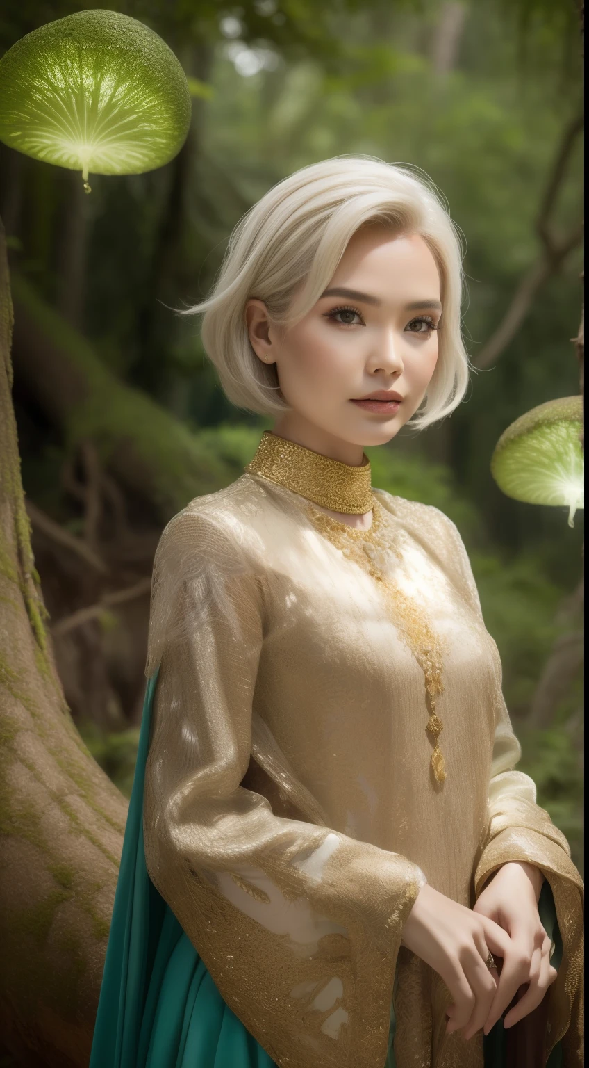 Create a mystical forest portrait with the Malay woman in an ethereal, flowy gown, short bob white hair with bangs, posed among ancient trees and glowing mushrooms, embodying the enchantment of the woods.