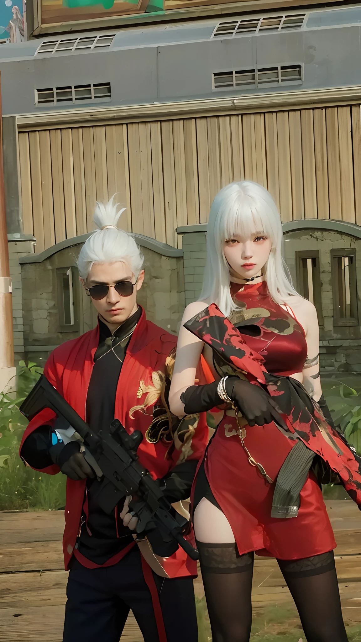 (Masterpiece, realistic, high resolution), (1 girl, 1man): 1.2), Korean, ((white wavy hair): 1.3), (heterochromic eyes: 1.1, thick eyebrows,), (white hoodie, black sports shorts), (medium breasts): 1.2, small waist, thighs), catwalk