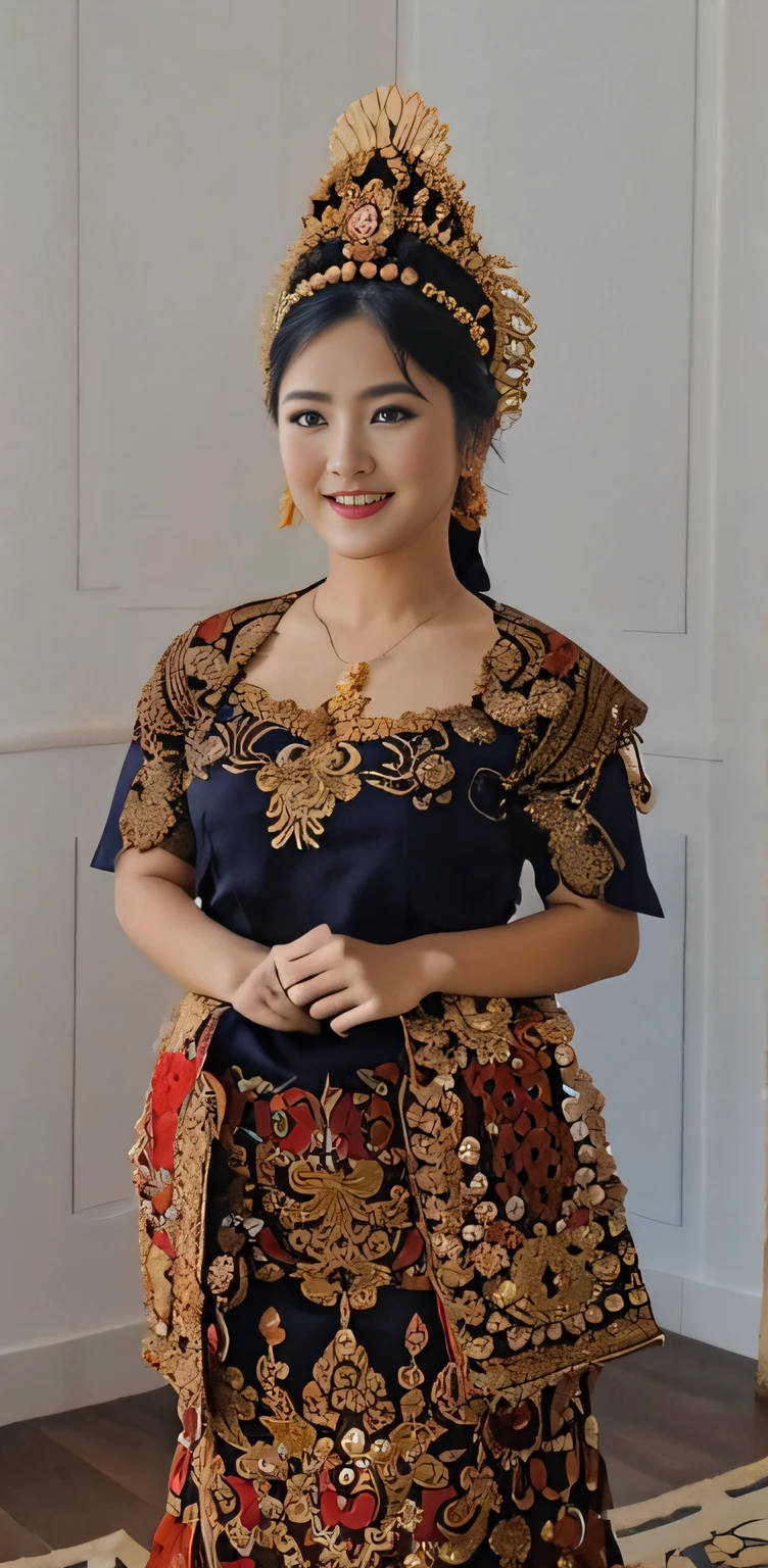 a close up of a woman in a costume standing in a room, happy face, traditional beauty, traditional makeup, wearing an ornate outfit, traditional dress, traditional clothes, traditional costume, wearing traditional garb, wearing authentic attire, traditional clothing, authentic costume, wearing an elegant tribal outfit, inspired by I Ketut Soki, wearing ornate clothing, traditional, in costume