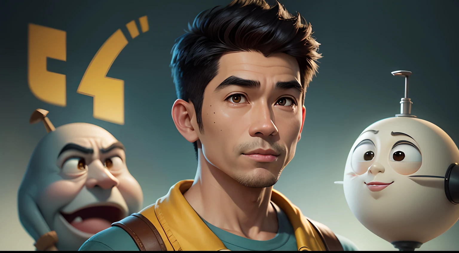 jeric rAVAL as a 50 year old Pixar-style male character, without a mouth, eyes, and nose