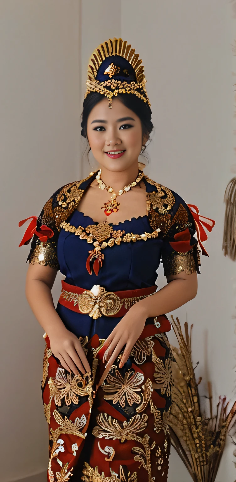 a close up of a woman in a costume standing in a room, happy face, traditional beauty, traditional makeup, wearing an ornate outfit, traditional dress, traditional clothes, traditional costume, wearing traditional garb, wearing authentic attire, traditional clothing, authentic costume, wearing an elegant tribal outfit, inspired by I Ketut Soki, wearing ornate clothing, traditional, in costume