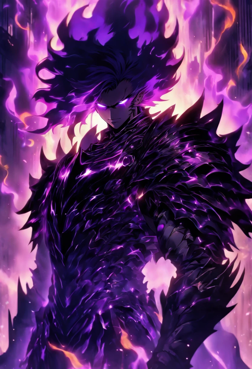 a male anime character with black short hair and purple eyes, character album cover, full art, fantasy character, full art illustration, full portrait of elementalist, character profile art, official character art, official character illustration, merlin, high detailed official artwork, game key, oz, mobile game art, mean face, spiked dark armor, walking pose, purple flames, dark castle on the background, full body armor, dark knight