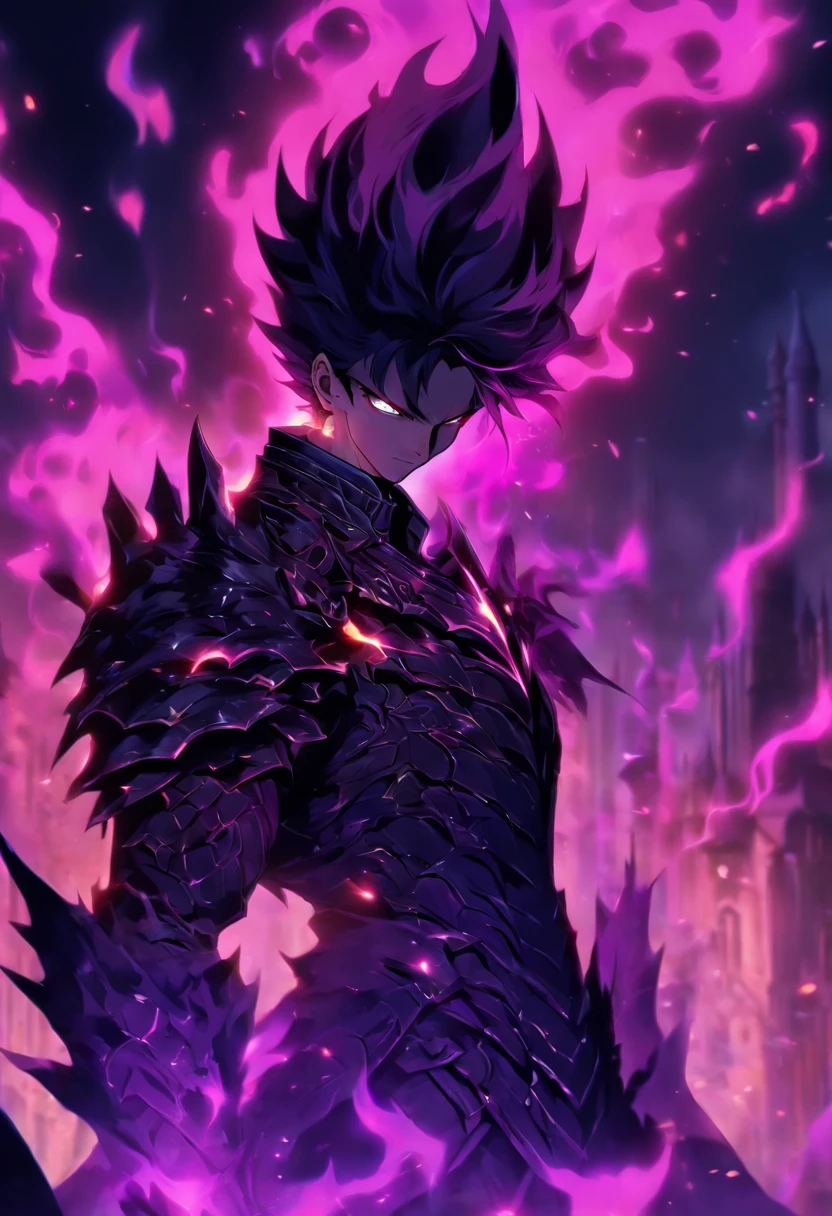 a male anime character with black short hair and purple eyes, character album cover, full art, fantasy character, full art illustration, full portrait of elementalist, character profile art, official character art, official character illustration, merlin, high detailed official artwork, game key, oz, mobile game art, mean face, spiked dark armor, walking pose, purple flames, dark castle on the background, full body armor, dark knight