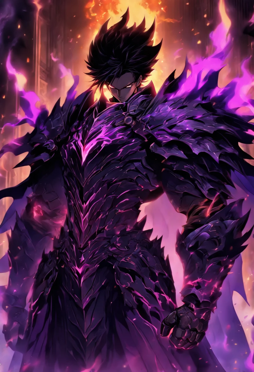 a male anime character with black short hair and purple eyes, character album cover, full art, fantasy character, full art illustration, full portrait of elementalist, character profile art, official character art, official character illustration, merlin, high detailed official artwork, game key, oz, mobile game art, mean face, spiked dark armor, walking pose, purple flames, dark castle on the background, full body armor, dark knight