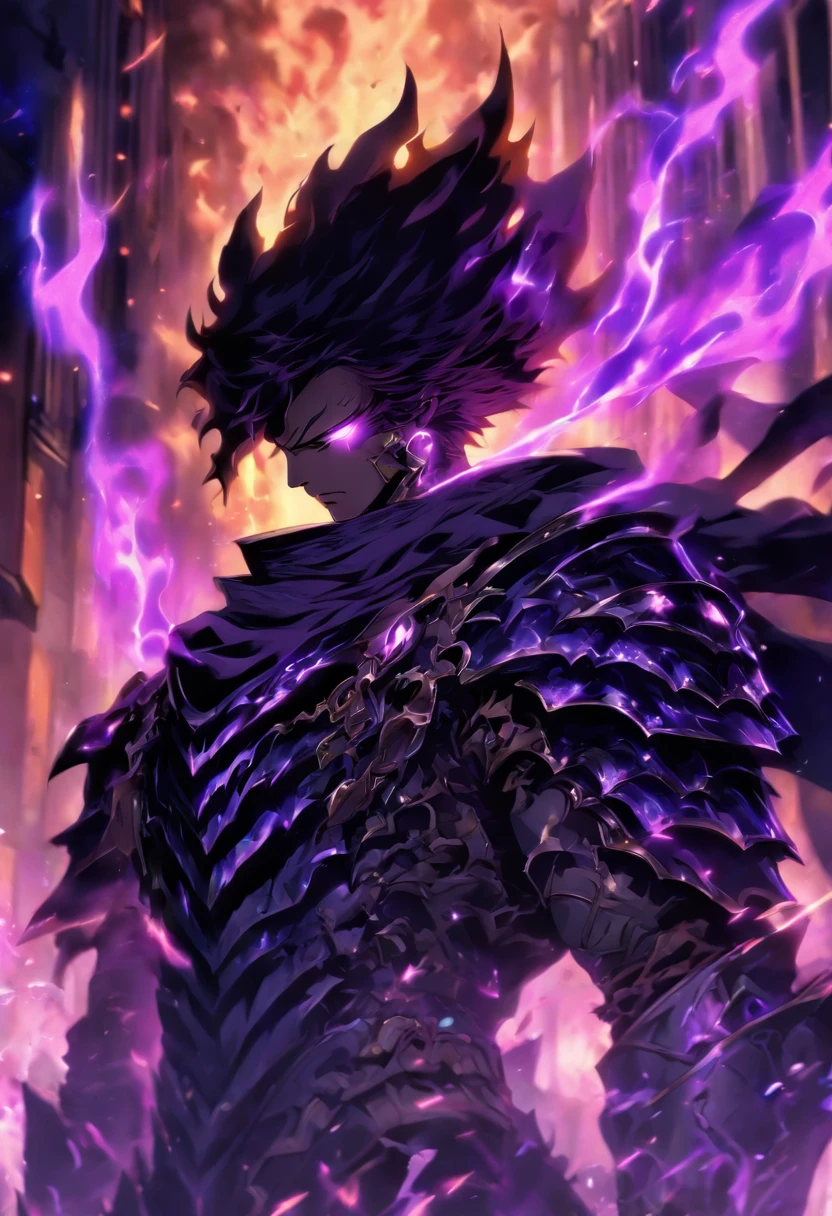 a male anime character with black short hair and purple eyes, character album cover, full art, fantasy character, full art illustration, full portrait of elementalist, character profile art, official character art, official character illustration, merlin, high detailed official artwork, game key, oz, mobile game art, mean face, spiked dark armor, walking pose, purple flames, dark castle on the background, full body armor, dark knight