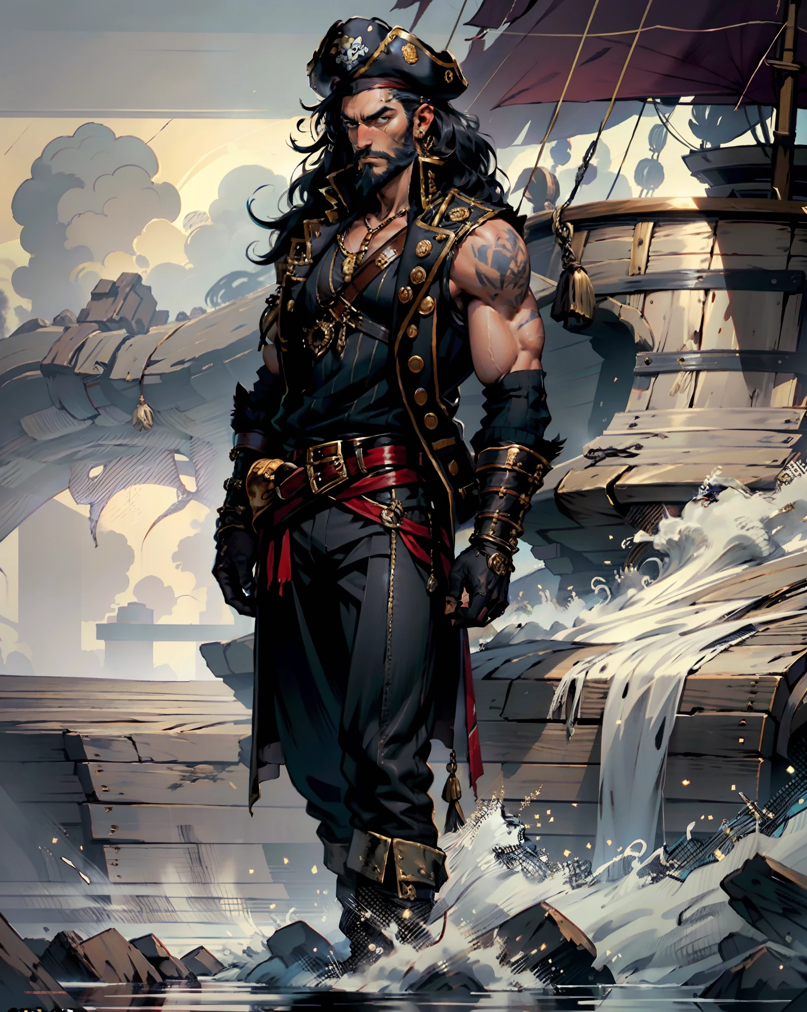 A middle-aged man with long black hair, medium length hair, wears a small round felt hat on his head, he has a cunning and sharp gaze, a beard, a tall and imposing figure, a fantasy-style pirate coat, sleeveless, exquisite stripes, a large skull pattern, has a golden sash around his waist, a leather belt with bone decorations, long gloves with metal ornaments, two-tone utility pants, knee-high leather boots, primarily in shades of black, accented by touches of red and yellow, he stands proudly at the bow of a massive pirate ship, this character embodies a finely crafted fantasy-style pirate in anime style, characterized by an exquisite and mature manga illustration art style, high definition, best quality, highres, ultra-detailed, ultra-fine painting, extremely delicate, professional, anatomically correct, symmetrical face, extremely detailed eyes and face, high quality eyes, creativity, RAW photo, UHD, 8k, Natural light, cinematic lighting, masterpiece:1.5