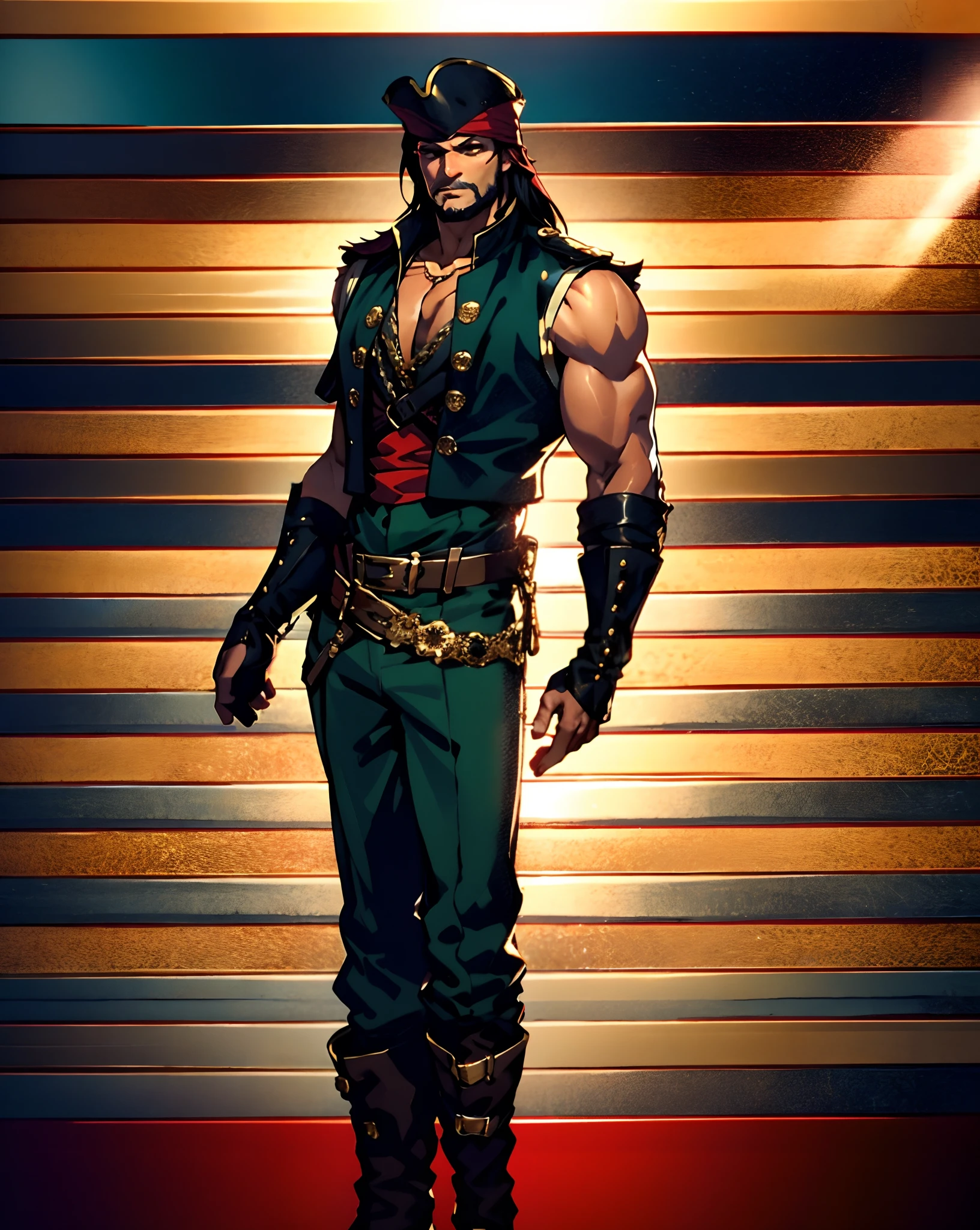 A middle-aged man with long black hair, medium length hair, wears a small round felt hat on his head, he has a cunning and sharp gaze, a beard, a tall and imposing figure, a fantasy-style pirate coat, sleeveless, exquisite stripes, a large skull pattern, has a golden sash around his waist, a leather belt with bone decorations, long gloves with metal ornaments, two-tone utility pants, knee-high leather boots, primarily in shades of black, accented by touches of red and yellow, he stands proudly at the bow of a massive pirate ship, this character embodies a finely crafted fantasy-style pirate in anime style, characterized by an exquisite and mature manga illustration art style, high definition, best quality, highres, ultra-detailed, ultra-fine painting, extremely delicate, professional, anatomically correct, symmetrical face, extremely detailed eyes and face, high quality eyes, creativity, RAW photo, UHD, 8k, Natural light, cinematic lighting, masterpiece:1.5
