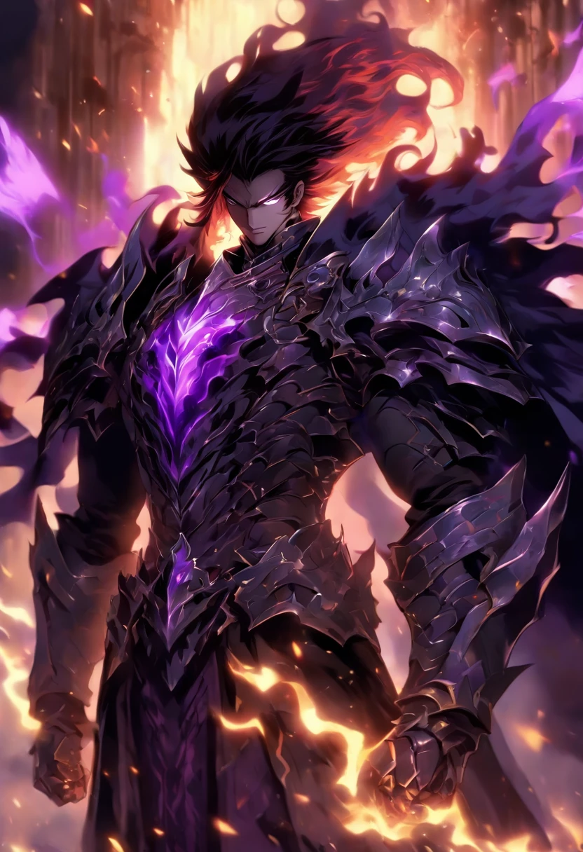a male anime character with black long hair and purple eyes, character album cover, full art, fantasy character, full art illustration, full portrait of elementalist, character profile art, official character art, official character illustration, merlin, high detailed official artwork, game key, oz, mobile game art, mean face, spiked dark armor, walking pose, purple flames, dark castle on the background, full body armor, dark knight