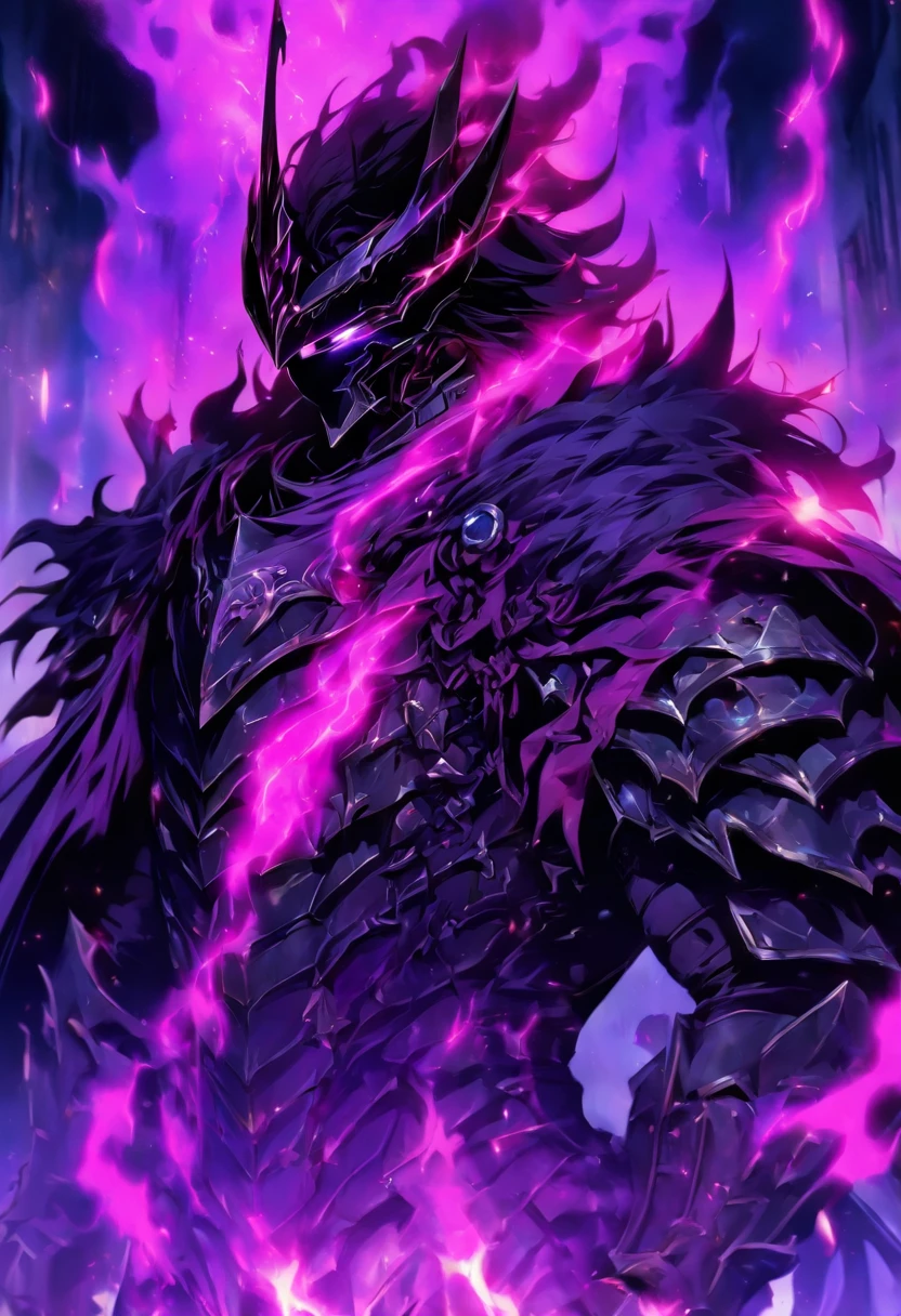 a male anime character with black long hair and purple eyes, character album cover, full art, fantasy character, full art illustration, full portrait of elementalist, character profile art, official character art, official character illustration, merlin, high detailed official artwork, game key, oz, mobile game art, mean face, spiked dark armor, walking pose, purple flames, dark castle on the background, full body armor, dark knight