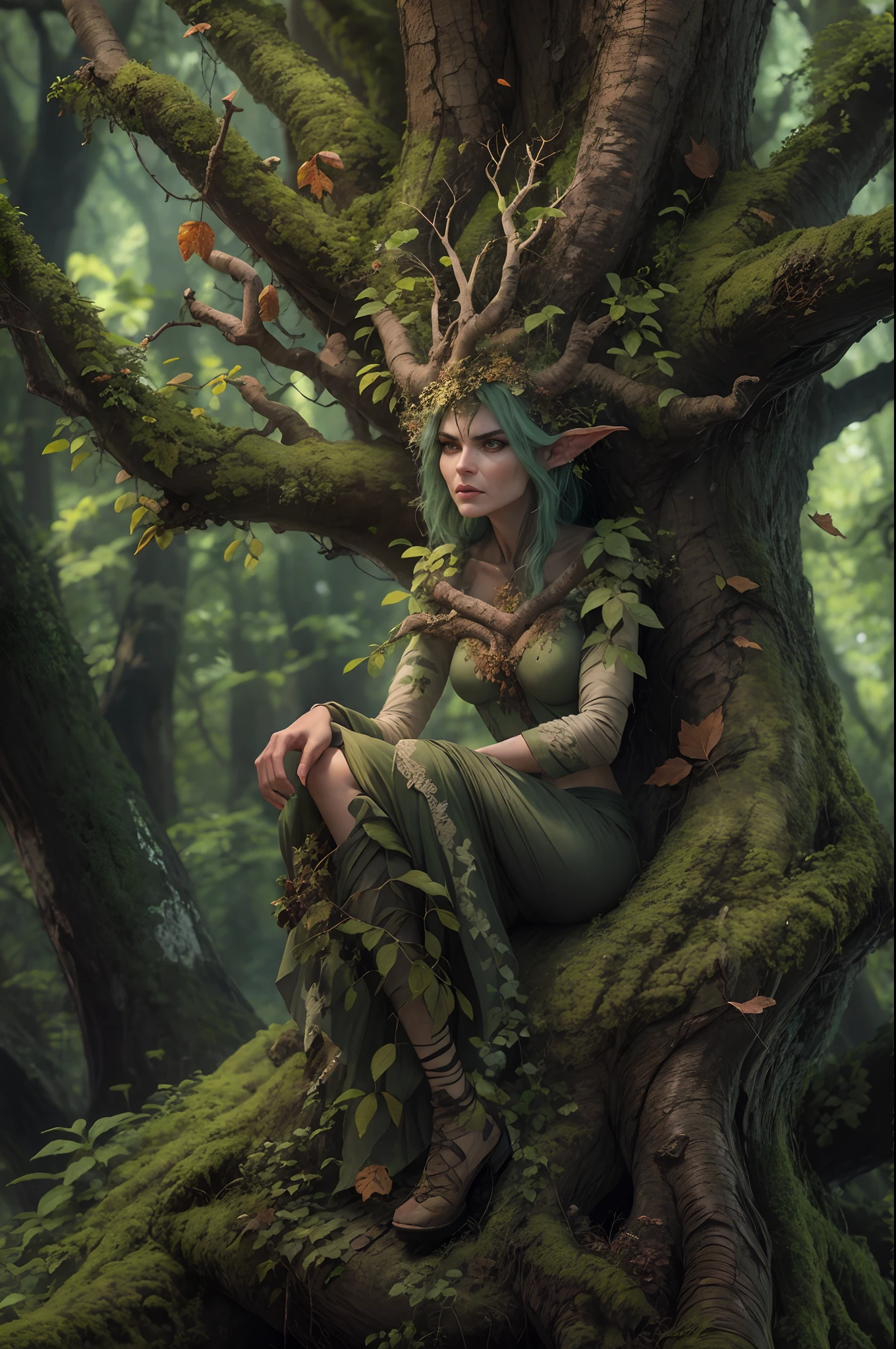 angry dryad in the forest. poisoned oak. highly detailed face, detailed eyes. Full body, sitting on her tree. clothes made from leaves and bark.