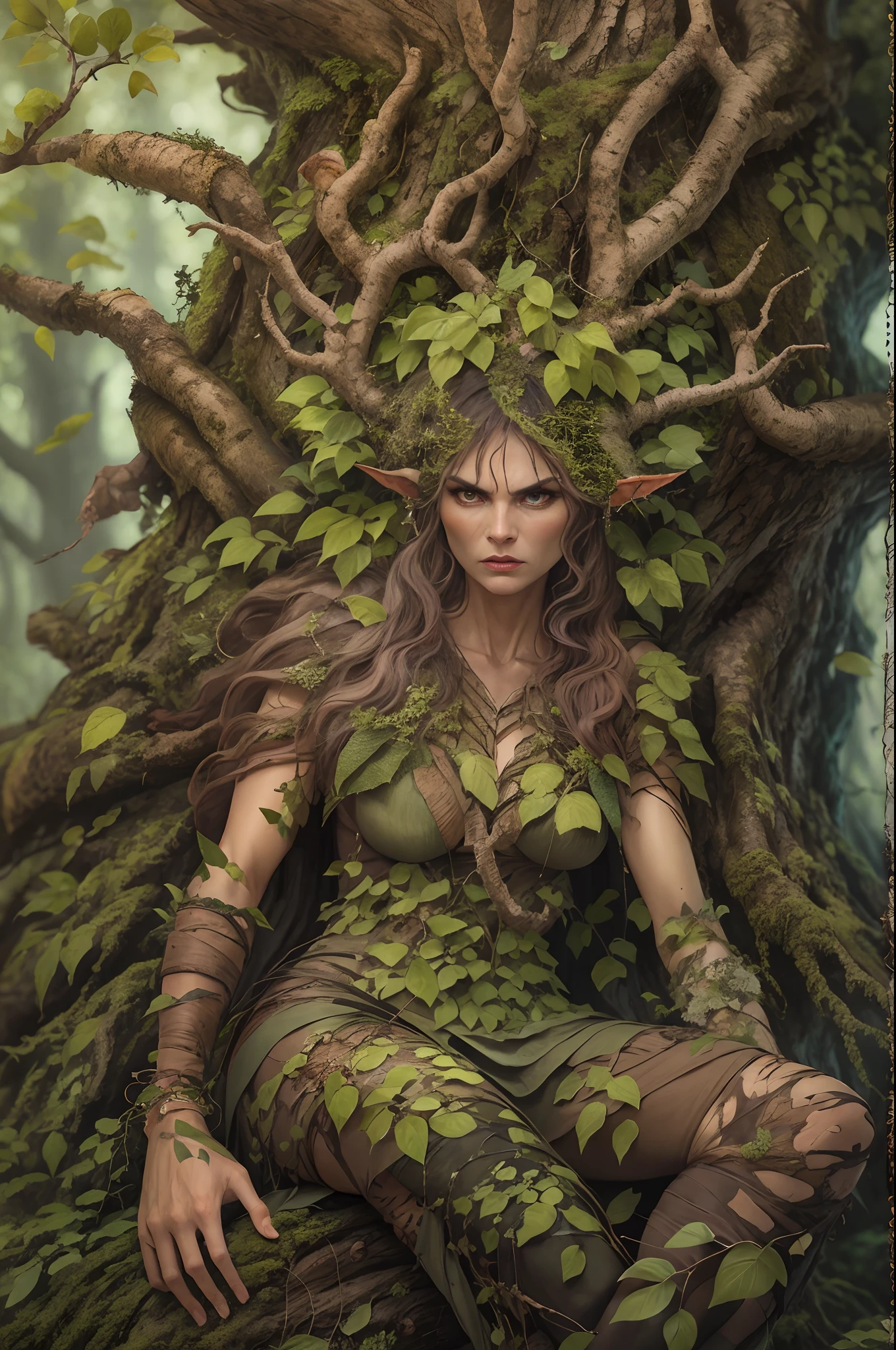 angry dryad in the forest. poisoned oak. highly detailed face, detailed eyes. Full body, sitting on her tree. clothes made from leaves and bark.