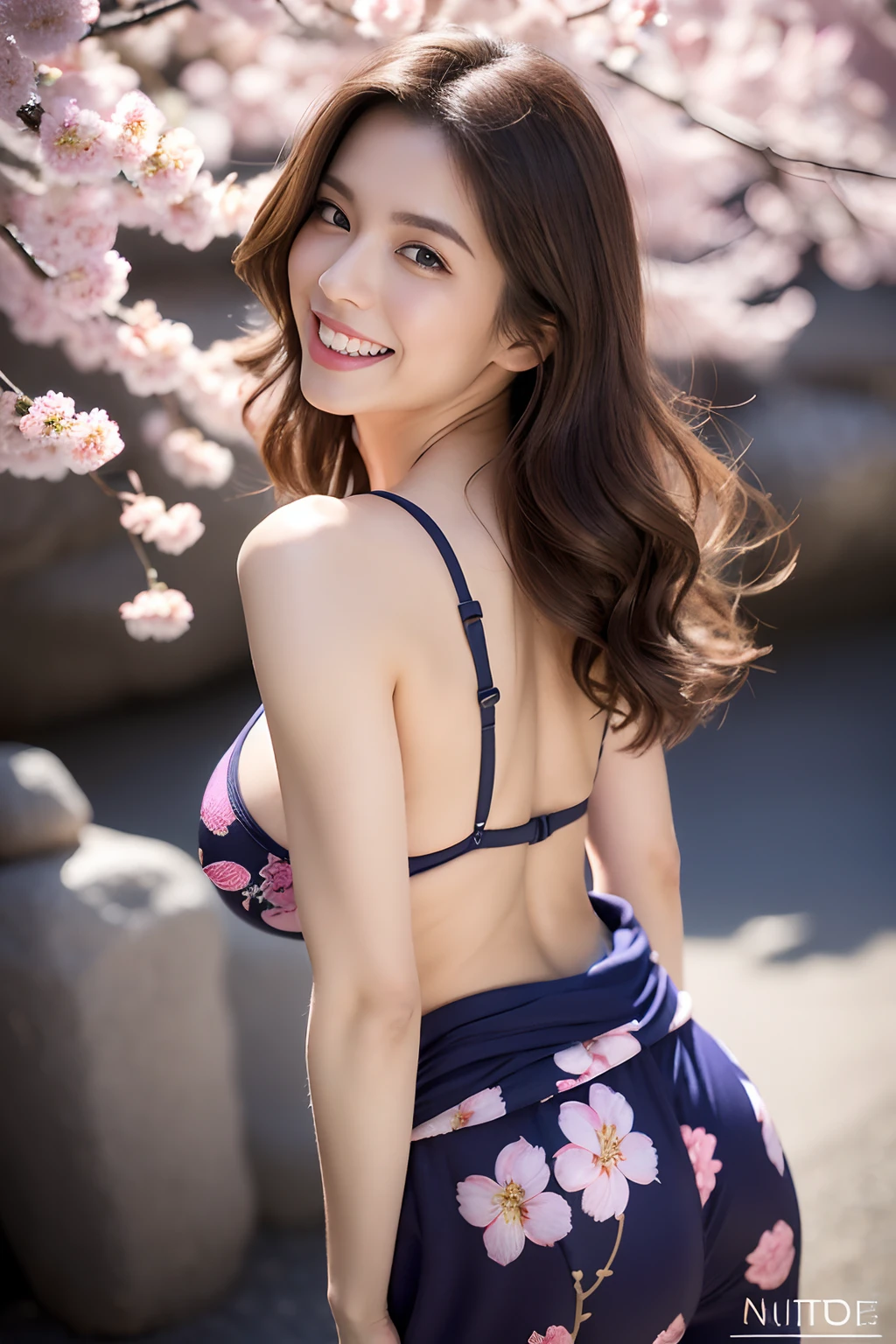 Masterpiece, highest quality, high resolution, (Best Quality, 8K, 32K, sfw:1.2), (1 slender woman of Japan, 18 years old), ((shoulder length brown super Curly hair)), Bright foreground, amber eyes, Professional Lighting, Photon mapping, shading:1.3, (high-detail skin:1.2), equal sized breasts, (Huge breasts:1.5), ((Provocative Dynamic Poses)), hyperdetailed face, Detailed lips, Detailed eyes, Double eyelids, Looking Camera, (Sensual gaze on the photographer), High quality, 4K, sexy, no freckles, no moles, spotless body, detailed crotch, detailed pubic area, detailed face, detailed mouth, detailed teeth, detailed breast, 2 hands with perfect fingers, tall body, slim body, thin waist, beautiful face, perfect skin, no pubic hair, strong abs, hide hands, full body picture, bubble butt, bokeh, make up, erotic photoshoot, fit, ((professional studio lighting)), natural breast, Photorealsitic, surrealistic, hands are out of view, can’t see hands, can’t see fingers, cleavage, beauty, pretty, beautiful breasts, perfect teeth, beautiful teeth, beautiful eyes, detailed eyes, (in mountains) , (tight full body yukata), zoom out to show full body in shot, view from below, legs wide open, split legs apart, happy smile, ((covered nipple)), (fantasy Sakura all around), futuristic, (cherry blossom), turn back, from behind, ass focused
