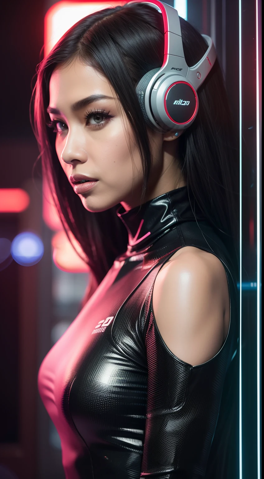 Create a futuristic sci-fi portrait featuring the Malay woman in sleek, high-tech attire, posing against a backdrop of advanced technology and neon lights, symbolizing innovation and progress