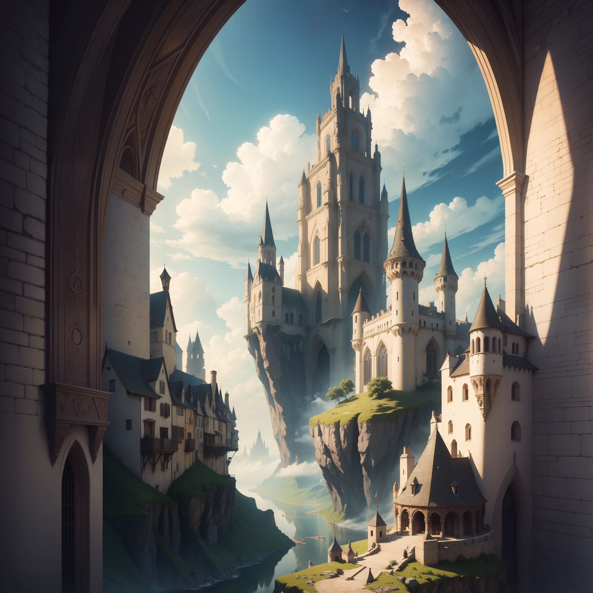 (highres,masterpiece:1.2),realistic,illustration,medieval city in the clouds,lonely traveler,balloon,traveling,adventure,sky,clouds,exquisite details,vibrant colors,dreamlike atmosphere,romantic,ancient architecture,detailed buildings,majestic towers,narrow winding streets,stone bridges,old-fashioned market,medieval fashion,charming alleys,mysterious atmosphere,peaceful rooftop gardens,floating islands,ethereal light,seamless integration,breathtaking view,awe-inspiring,quiet solitude,magical journey
