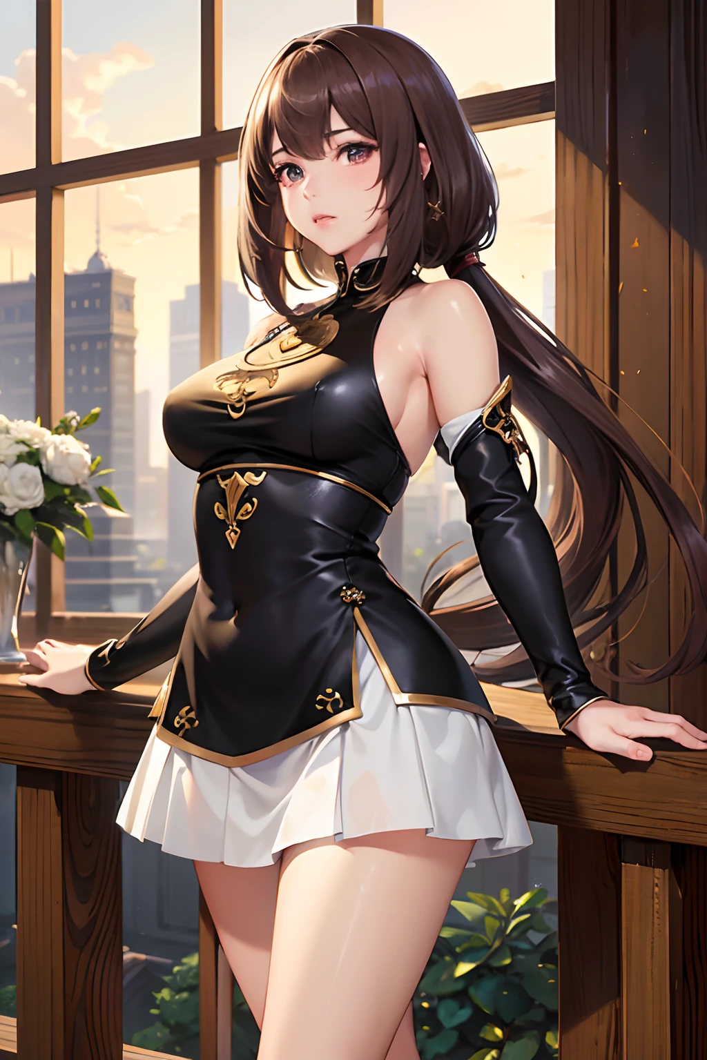 masterpiece、top-quality、High-quality images、hight resolution、8K、1womanl、独奏、portlate、detaileds、skin gloss、Lustrous hair、Long body、sensually、full bodyesbian、light brown shorthair、poneyTail、a miniskirt、Angle from the side