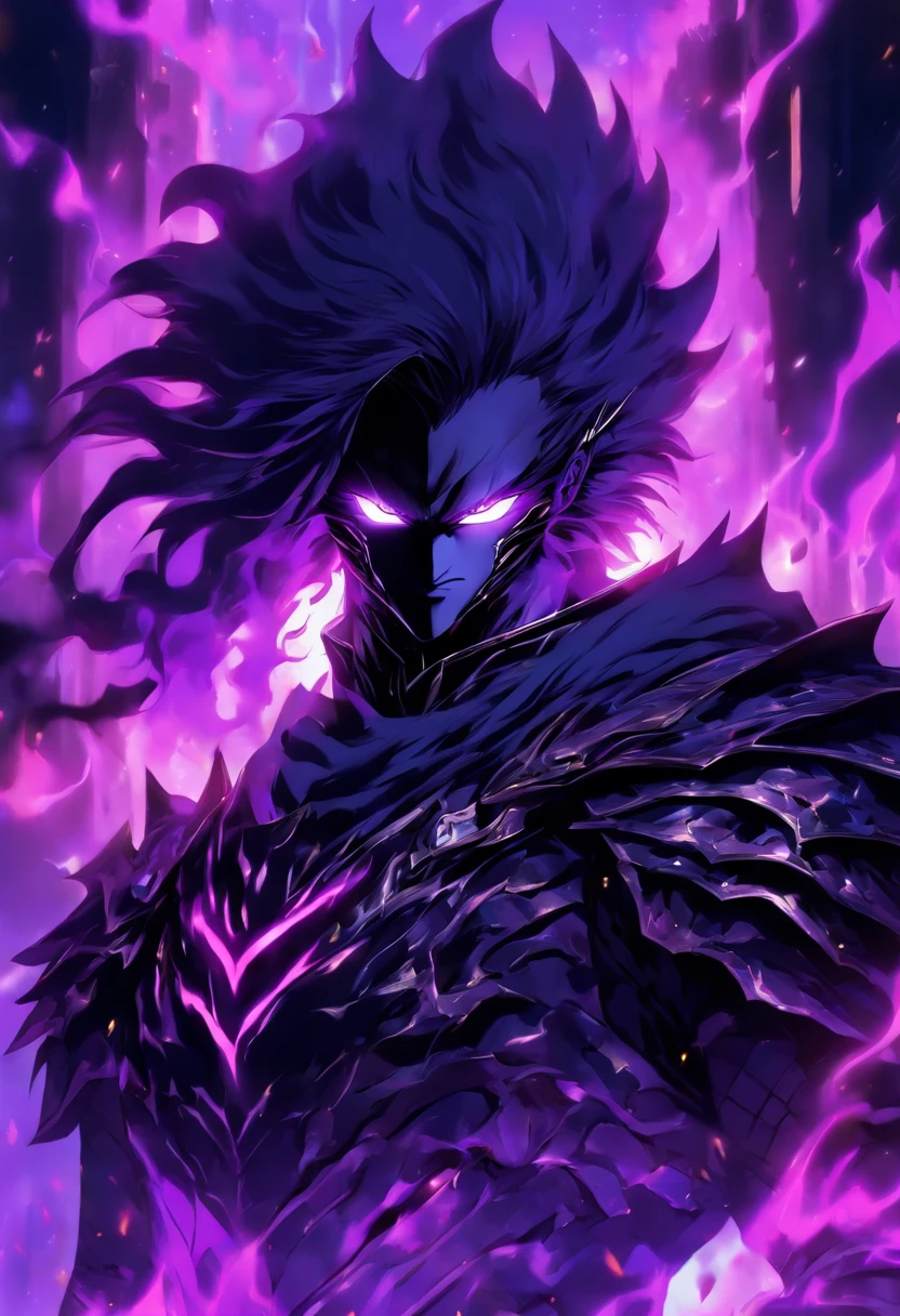 a male anime character with black long hair and purple eyes, character album cover, full art, fantasy character, full art illustration, full portrait of elementalist, character profile art, official character art, official character illustration, merlin, high detailed official artwork, game key, oz, mobile game art, mean face, spiked dark armor, walking pose, purple flames, dark castle on the background, full body armor, dark knight