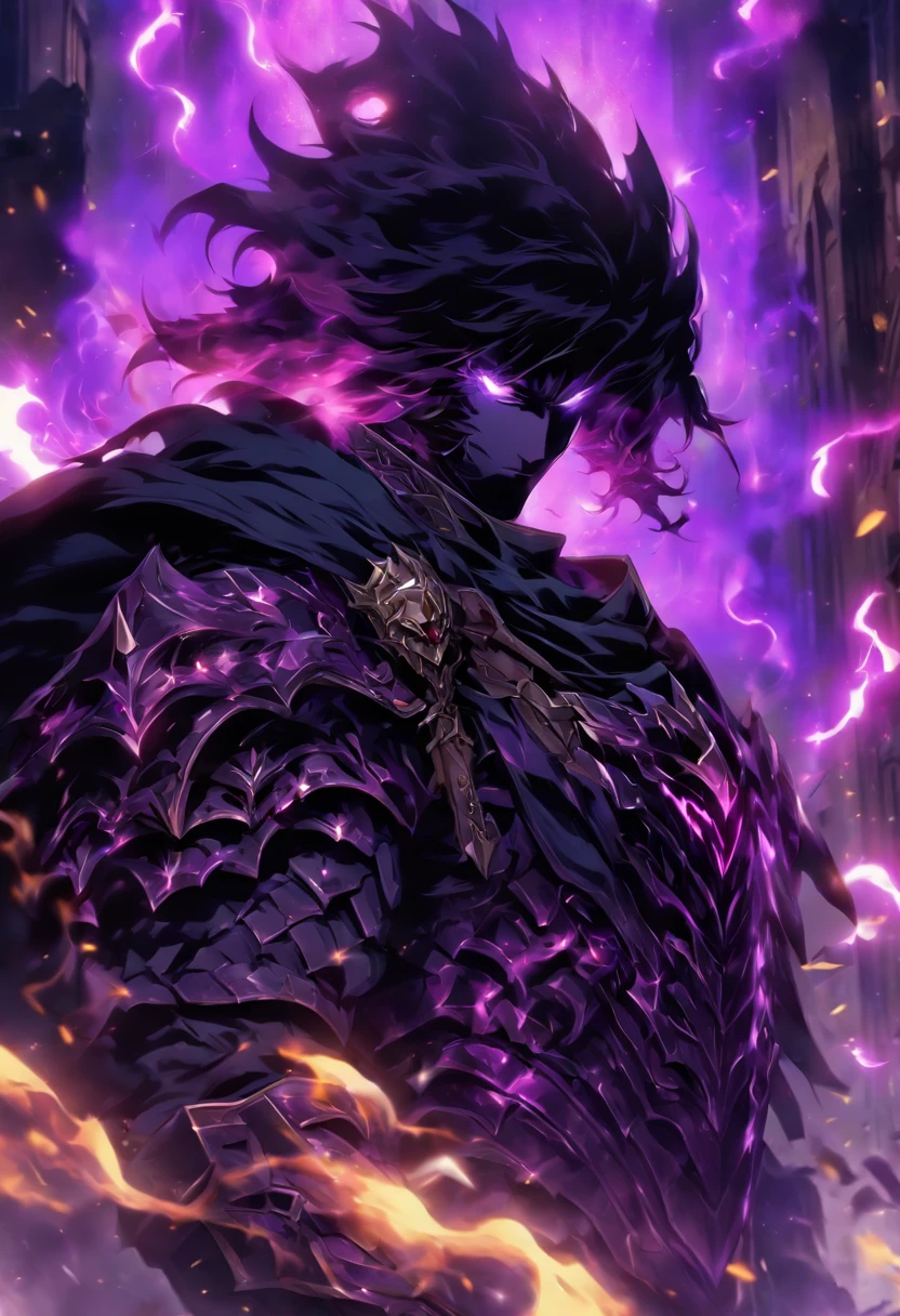 a male anime character with black long hair and purple eyes, character album cover, full art, fantasy character, full art illustration, full portrait of elementalist, character profile art, official character art, official character illustration, merlin, high detailed official artwork, game key, oz, mobile game art, mean face, spiked dark armor, walking pose, purple flames, dark castle on the background, full body armor, dark knight